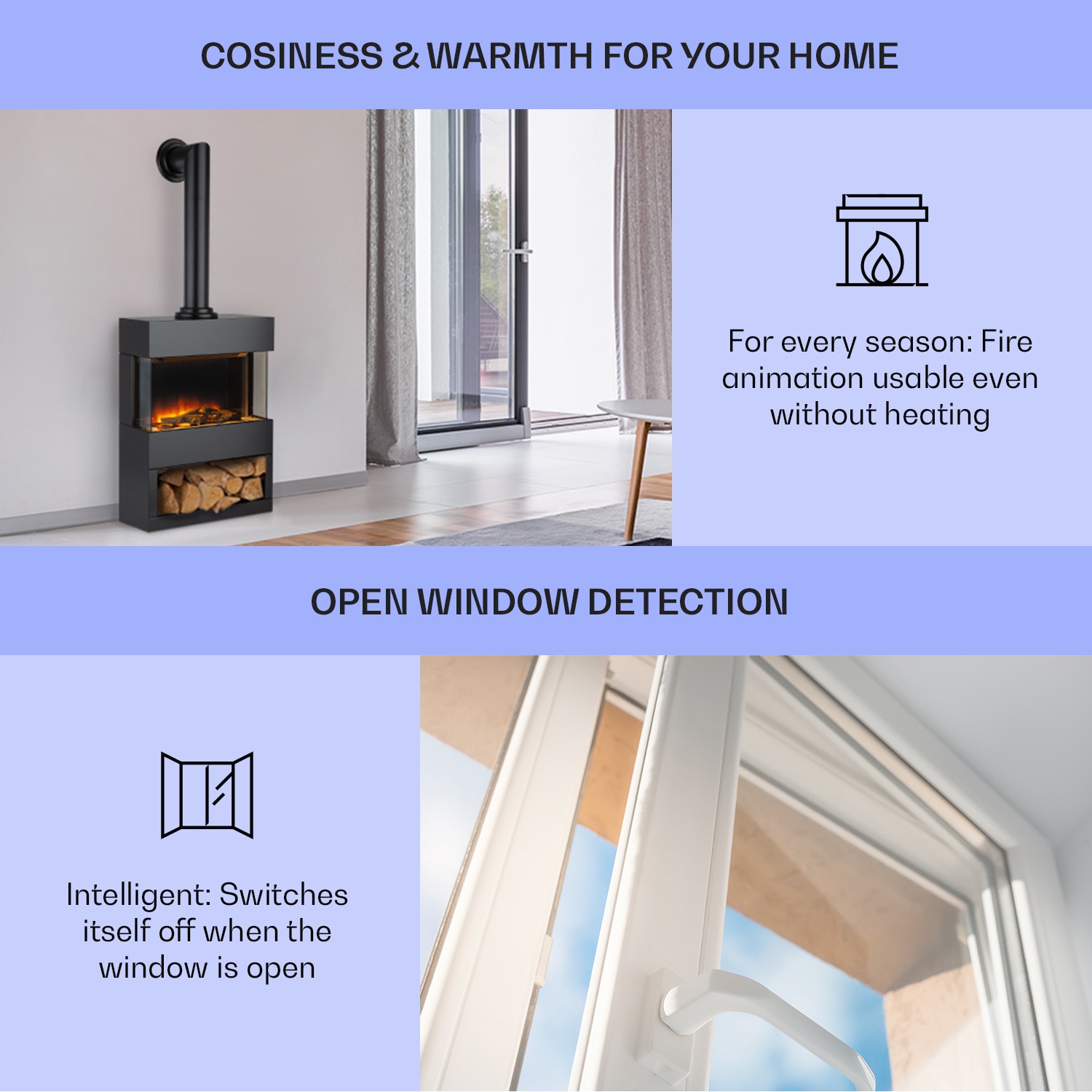 Klarstein Zermatt, elektrický krb, 900/1800 W, ilúzia plameňa, dymová rúra, cierna – Obrázok 4