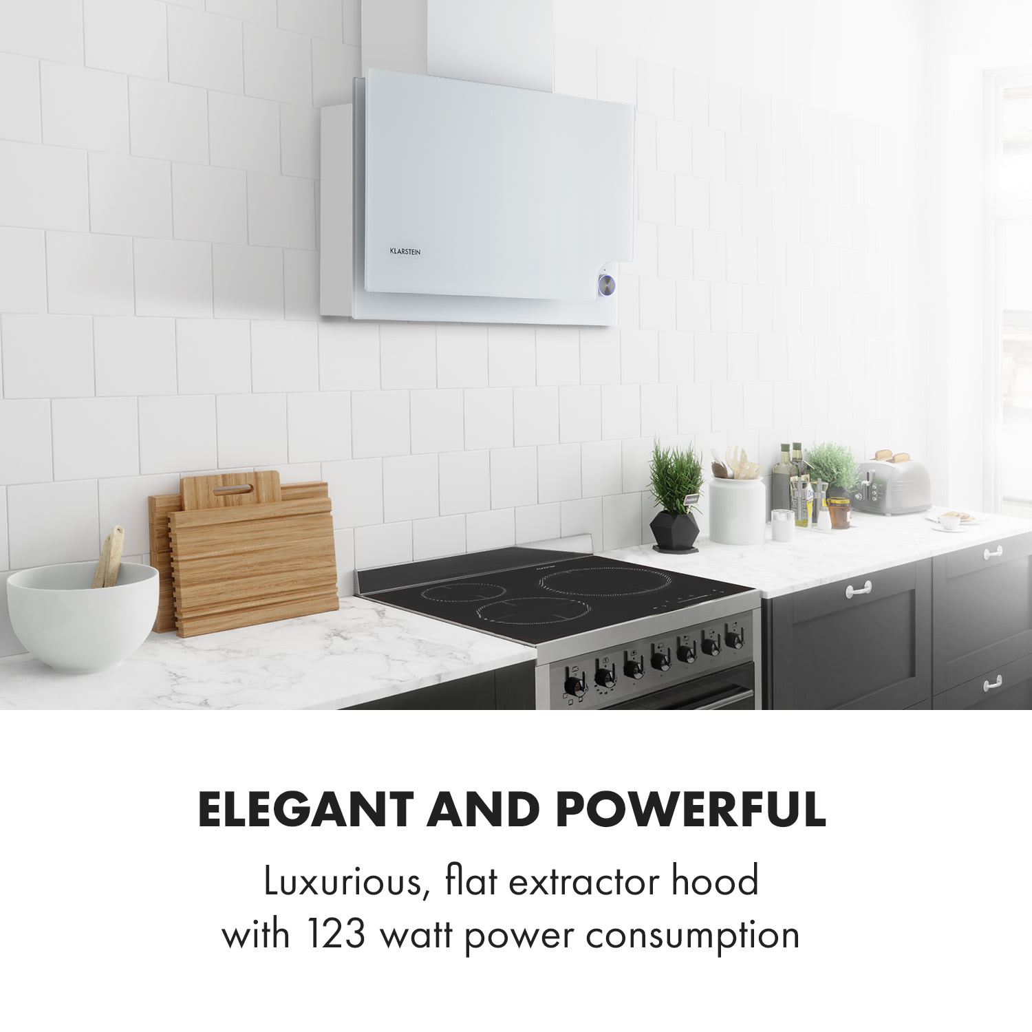 Klarstein Amelia, digestor, 60 cm, nástenný, 586 m³/h, LED, otočné dotykové ovládanie, biely – Obrázok 2