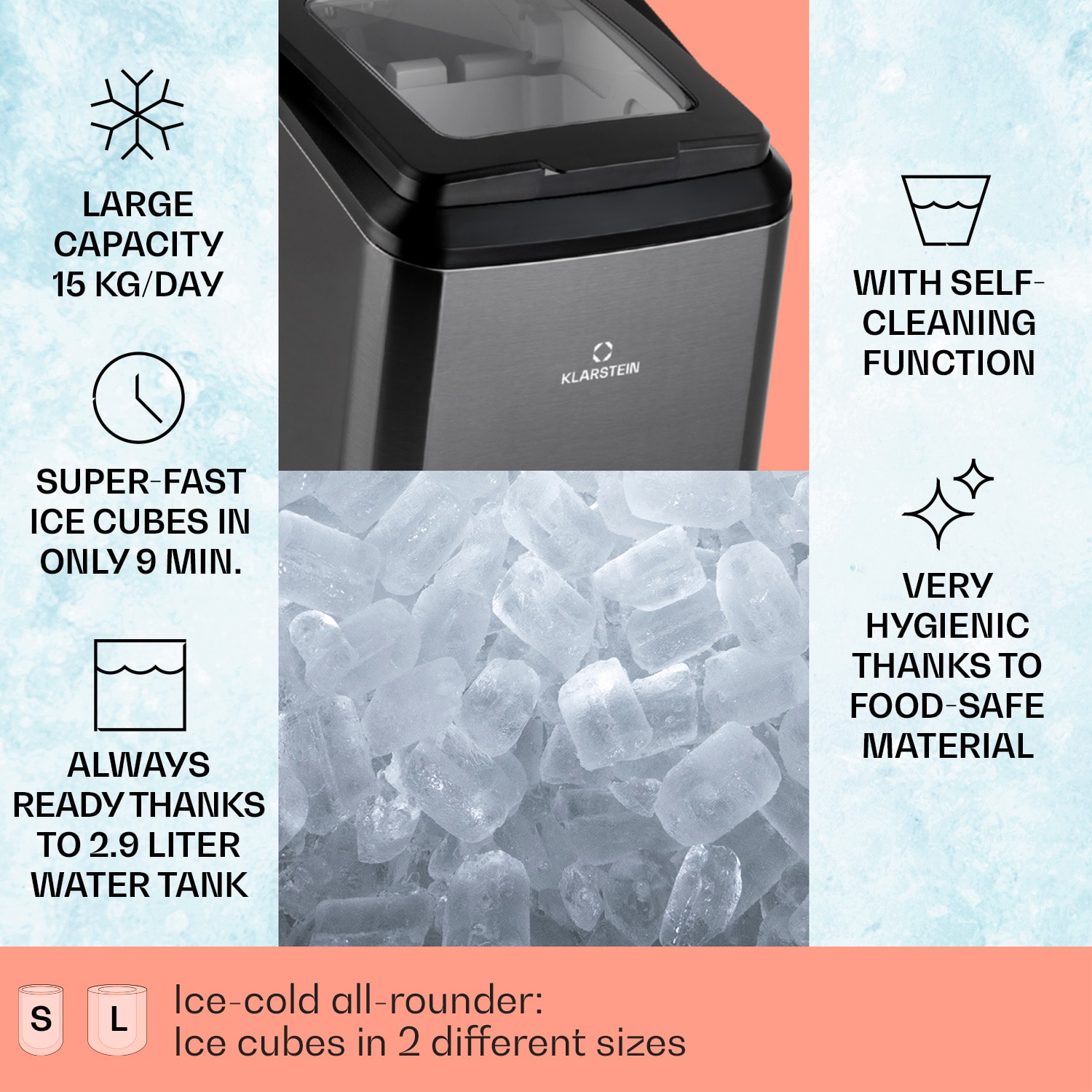 Klarstein Partytime, výrobník ľadu, číry ľad, 15kg/24h, ušľachtilá oceľ – Obrázok 2