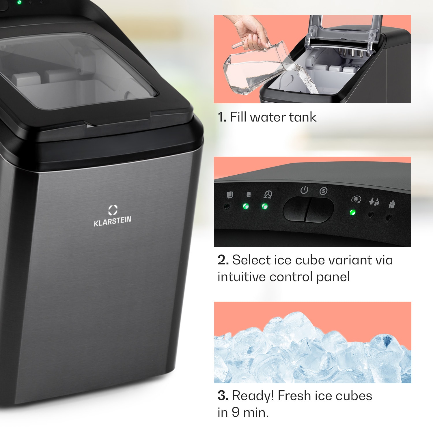 Klarstein Partytime, výrobník ľadu, číry ľad, 15kg/24h, ušľachtilá oceľ – Obrázok 4