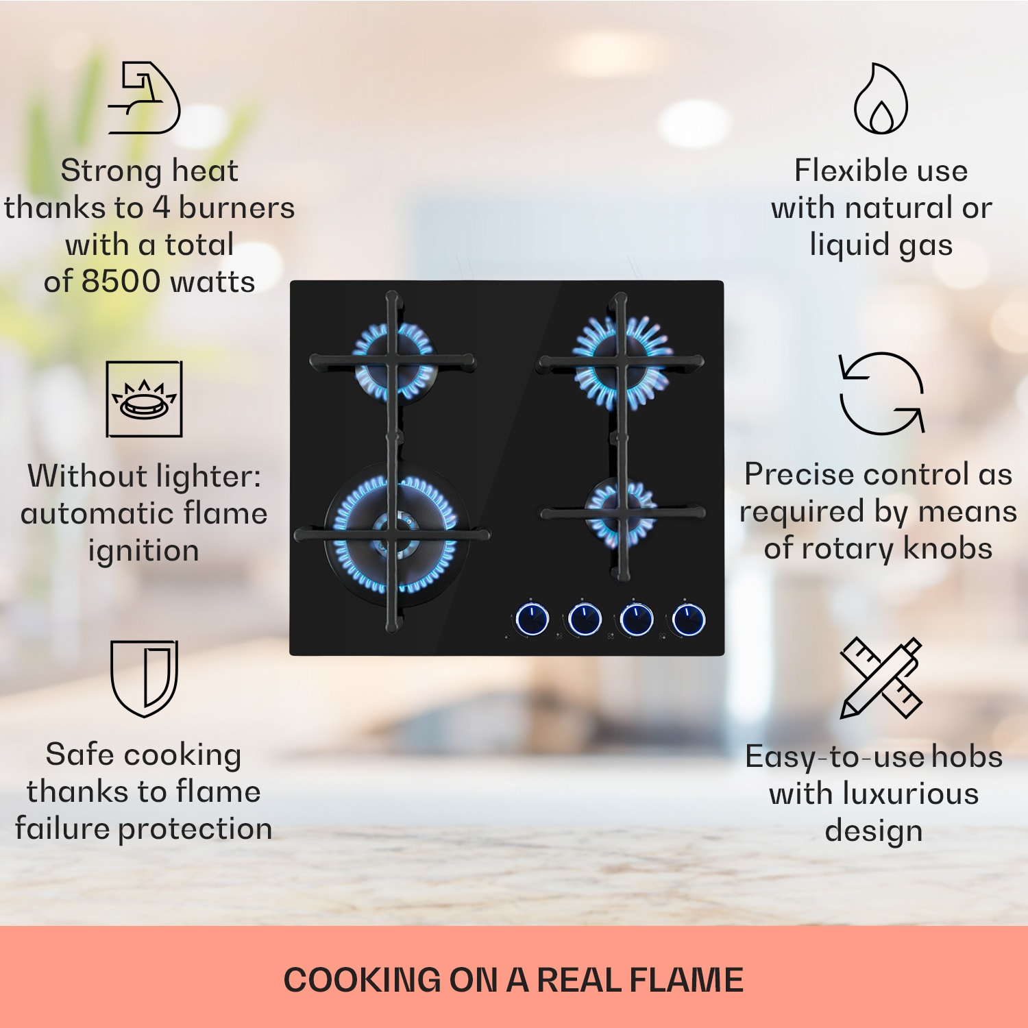 Klarstein Illuminosa 4, plynová varná doska, 4 Sabaf horáky, sklokeramika – Obrázok 2