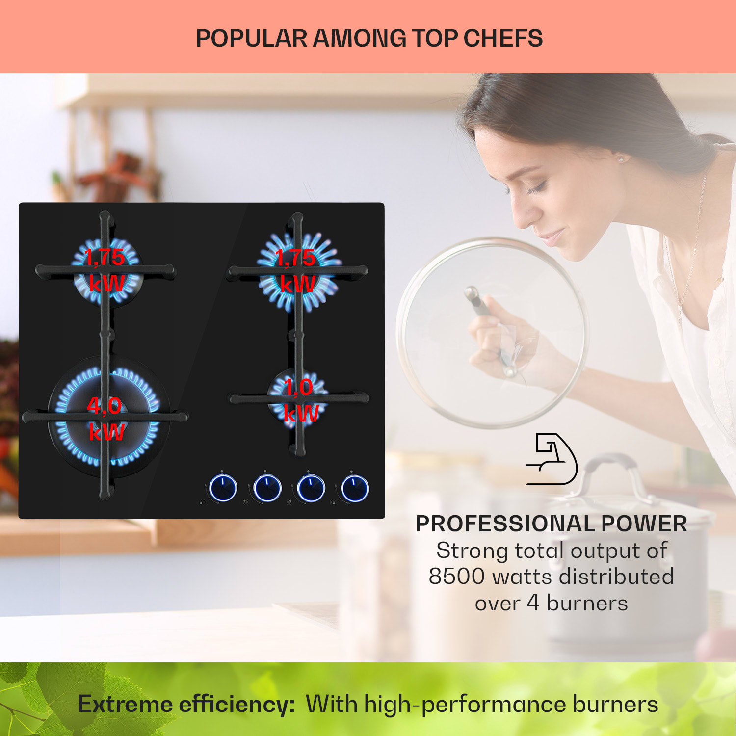 Klarstein Illuminosa 4, plynová varná doska, 4 Sabaf horáky, sklokeramika – Obrázok 3