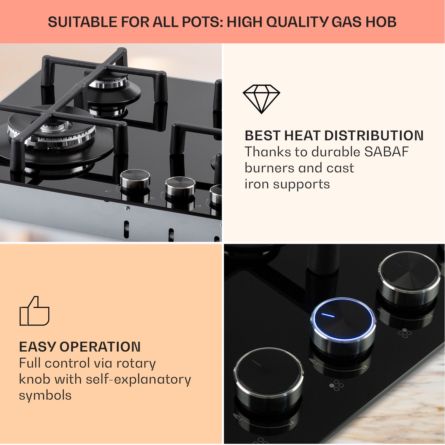 Klarstein Illuminosa 4, plynová varná doska, 4 Sabaf horáky, sklokeramika – Obrázok 4