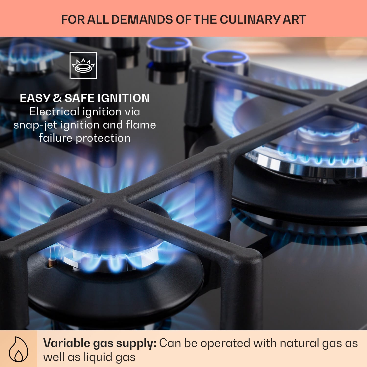 Klarstein Illuminosa 4, plynová varná doska, 4 Sabaf horáky, sklokeramika – Obrázok 5