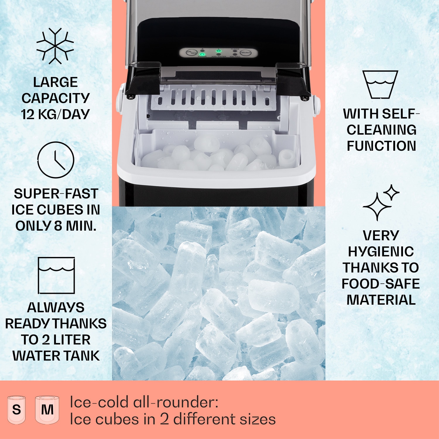 Klarstein Arctic Porter, výrobník ľadu, kužeľovité kúsky ľadu, 12 kg/24 h, nehrdzavejúca oceľ – Obrázok 2