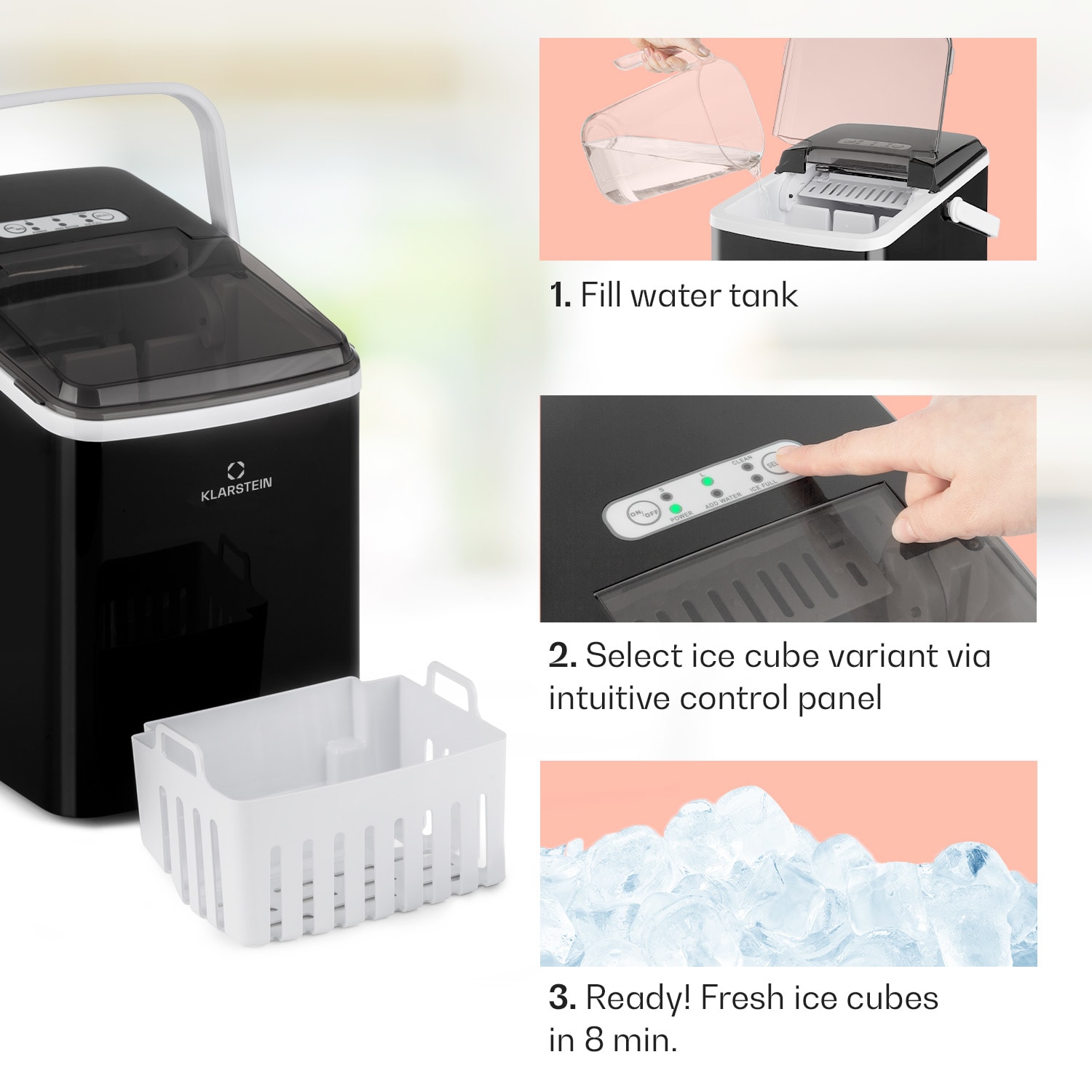 Klarstein Arctic Porter, výrobník ľadu, kužeľovité kúsky ľadu, 12 kg/24 h, nehrdzavejúca oceľ – Obrázok 4