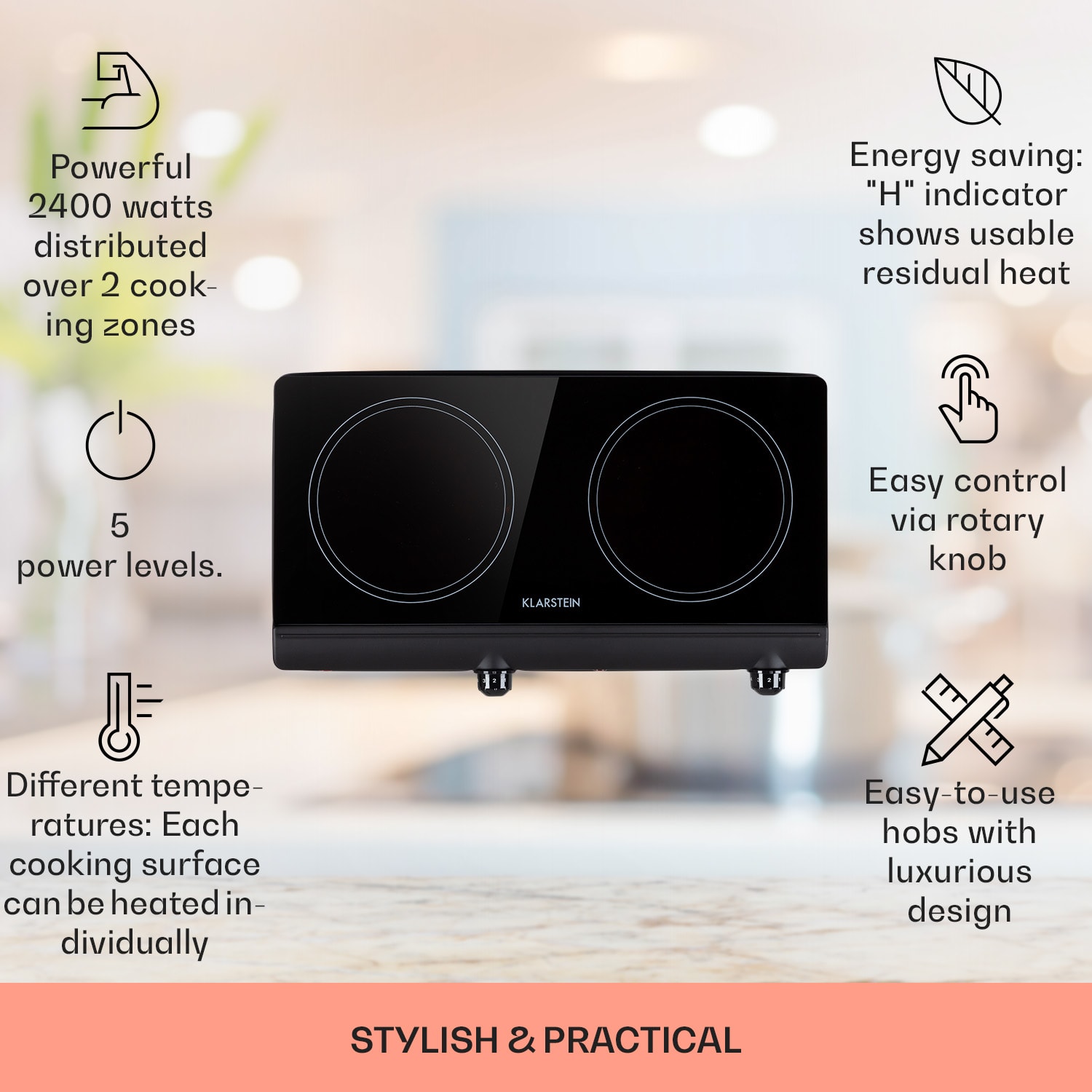 Klarstein Cookbuddy, varná doska, 2400 W, 2 platničky, 5 úrovní výkonu, sklokeramika – Obrázok 2