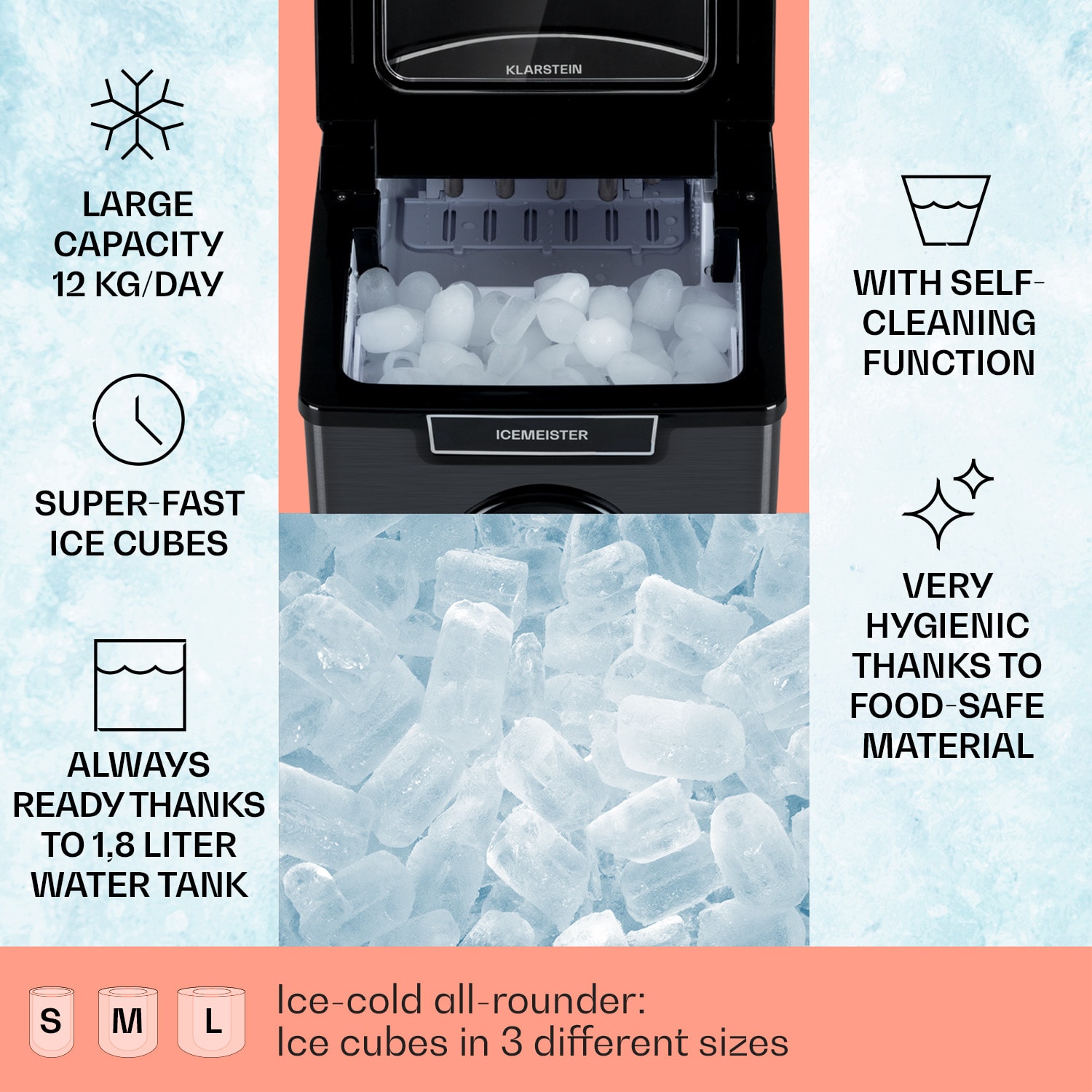 Klarstein Icemeister 2G, výrobník ľadu, 12 kg/24 h, LCD displej, nehrdzavejúca oceľ – Obrázok 2