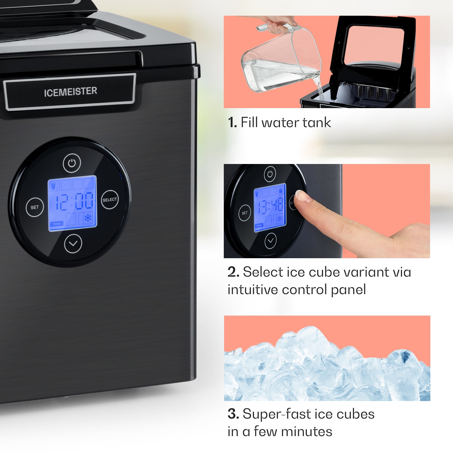 Klarstein Icemeister 2G, výrobník ľadu, 12 kg/24 h, LCD displej, nehrdzavejúca oceľ – Obrázok 4