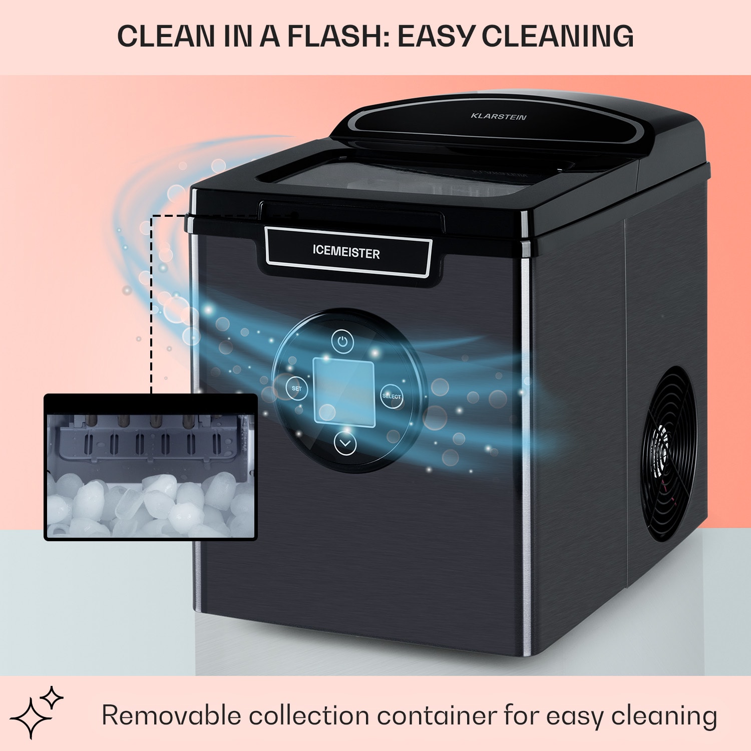 Klarstein Icemeister 2G, výrobník ľadu, 12 kg/24 h, LCD displej, nehrdzavejúca oceľ – Obrázok 5