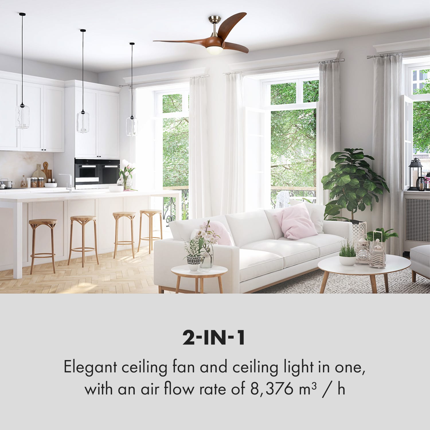 Klarstein Monteverde, stropný ventilátor, stropné svetlo, 52", 8376 m³/h, 3 lopatky – Obrázok 2