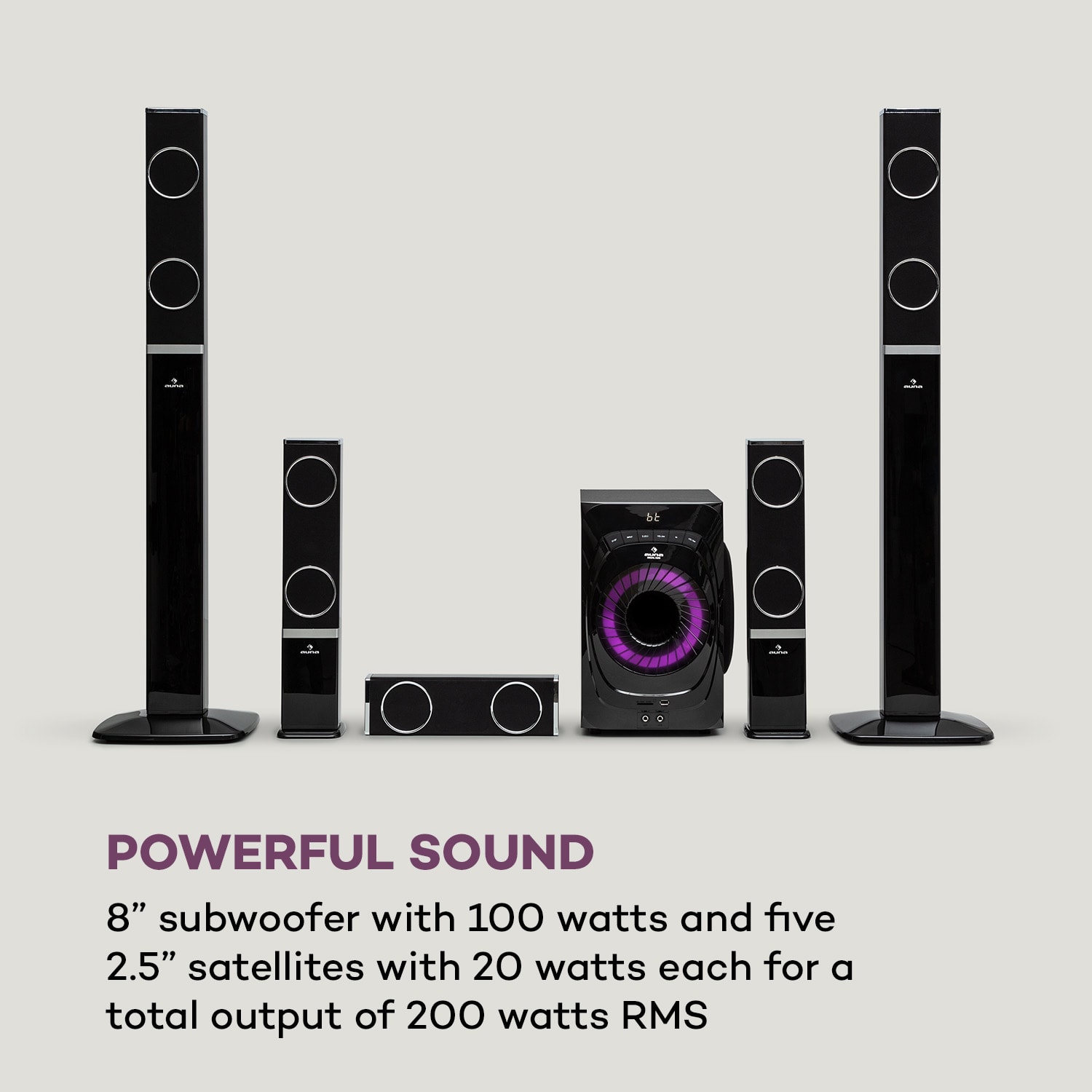 Auna Areal 825 5.1 Reproduktorový systém 200 W RMS BT USB SD AUX Diaľkové ovládanie – Obrázok 4