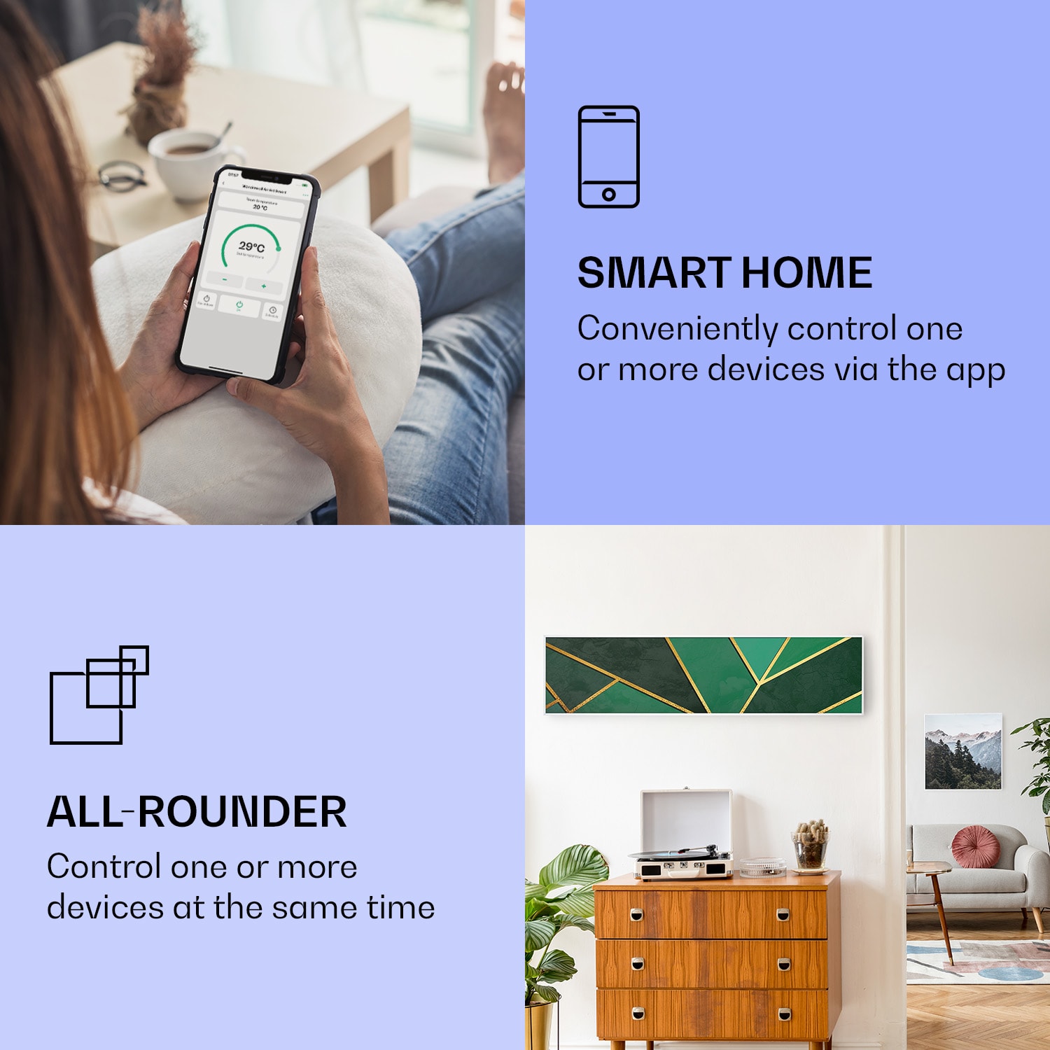 Klarstein Wonderwall Air Art Smart, infračervený ohrievač, 120 x 30 cm, 350 W, zelená čiara – Obrázok 2