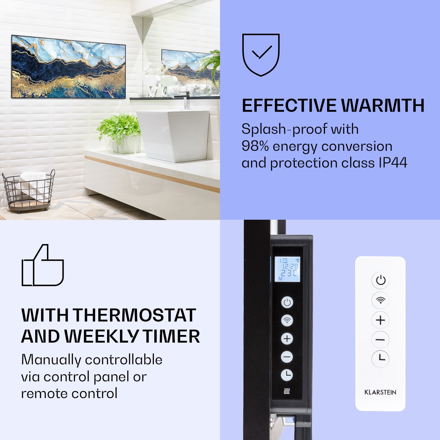 Klarstein Wonderwall Air Art Smart, infračervený ohrievač, 120 x 60 cm, 700 W, modrý mramor – Obrázok 4