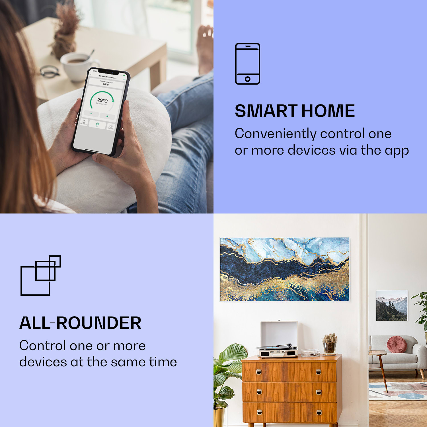 Klarstein Wonderwall Air Art Smart, infračervený ohrievač, 120 x 60 cm, 700 W, modrý mramor – Obrázok 2