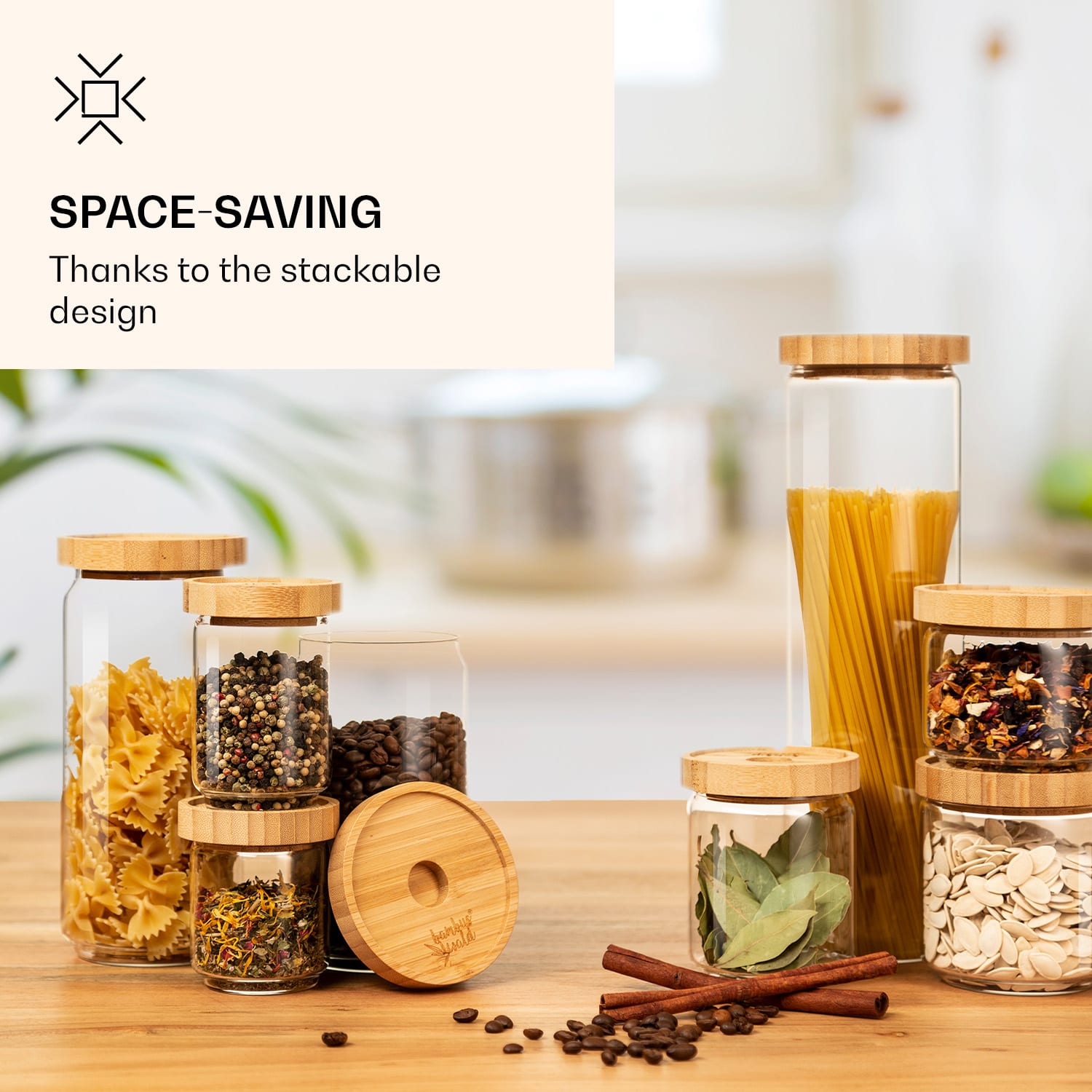 Klarstein Skladovacia nádoba, s bambusovým uzáverom, 1000 ml, stohovateľná, vzduchotesná – Obrázok 3