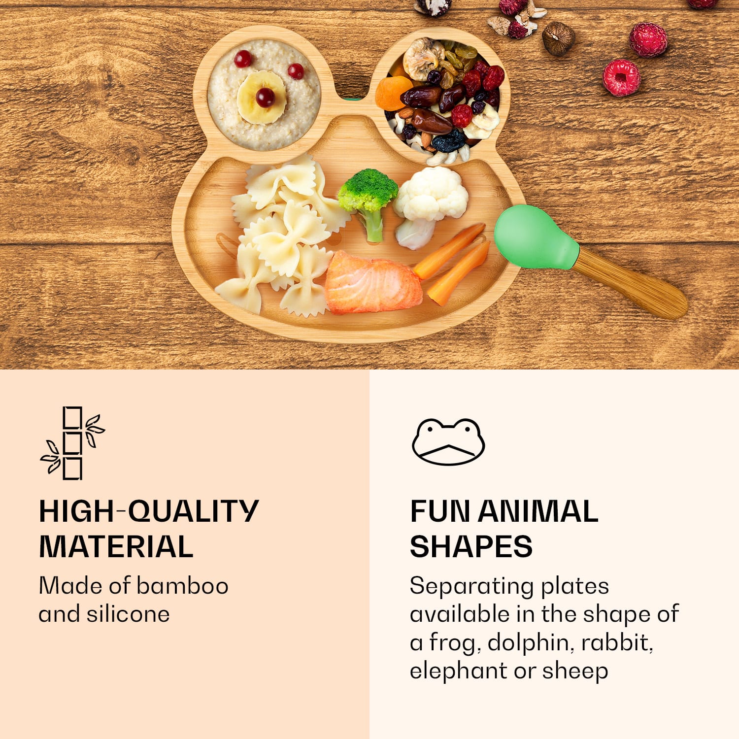 Klarstein Detská jedálenská súprava, bambusový tanier a lyžička, 250 ml, vrátane prísavky, 18 × 18 cm – Obrázok 4