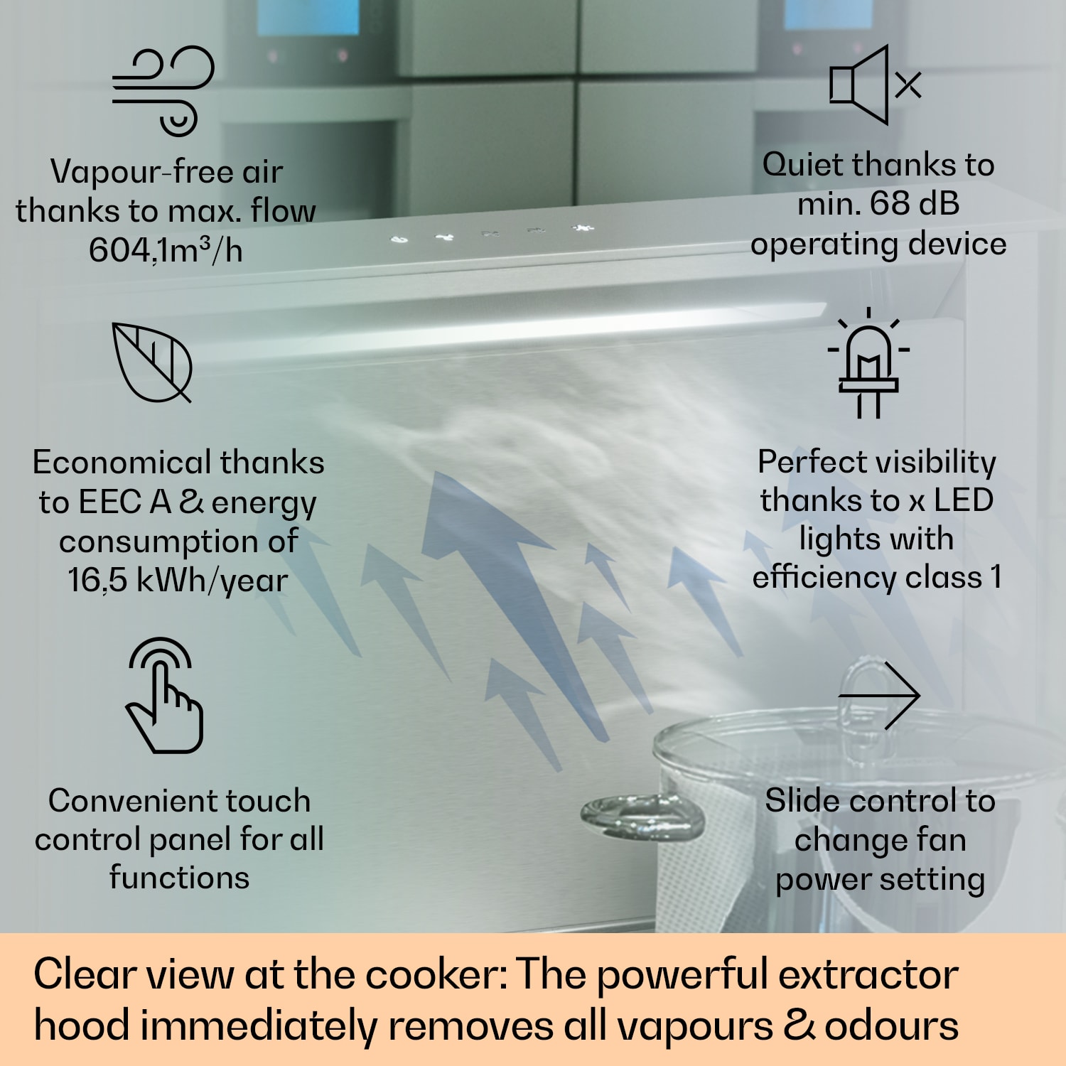 Klarstein Royal Flush Eco, digestor, 60 cm, výsuvný, 576 m³/h, A+, čierny – Obrázok 2