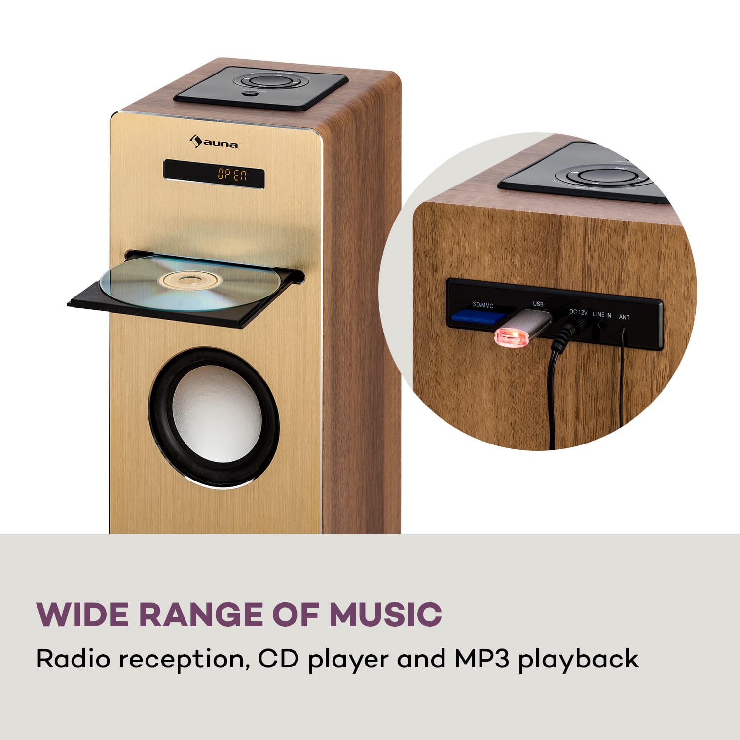 Auna Berklee, stĺpový reproduktor, 2 x 10 W RMS, FM rádio, CD prehrávač, Bluetooth, USB a SD/MMC port – Obrázok 4