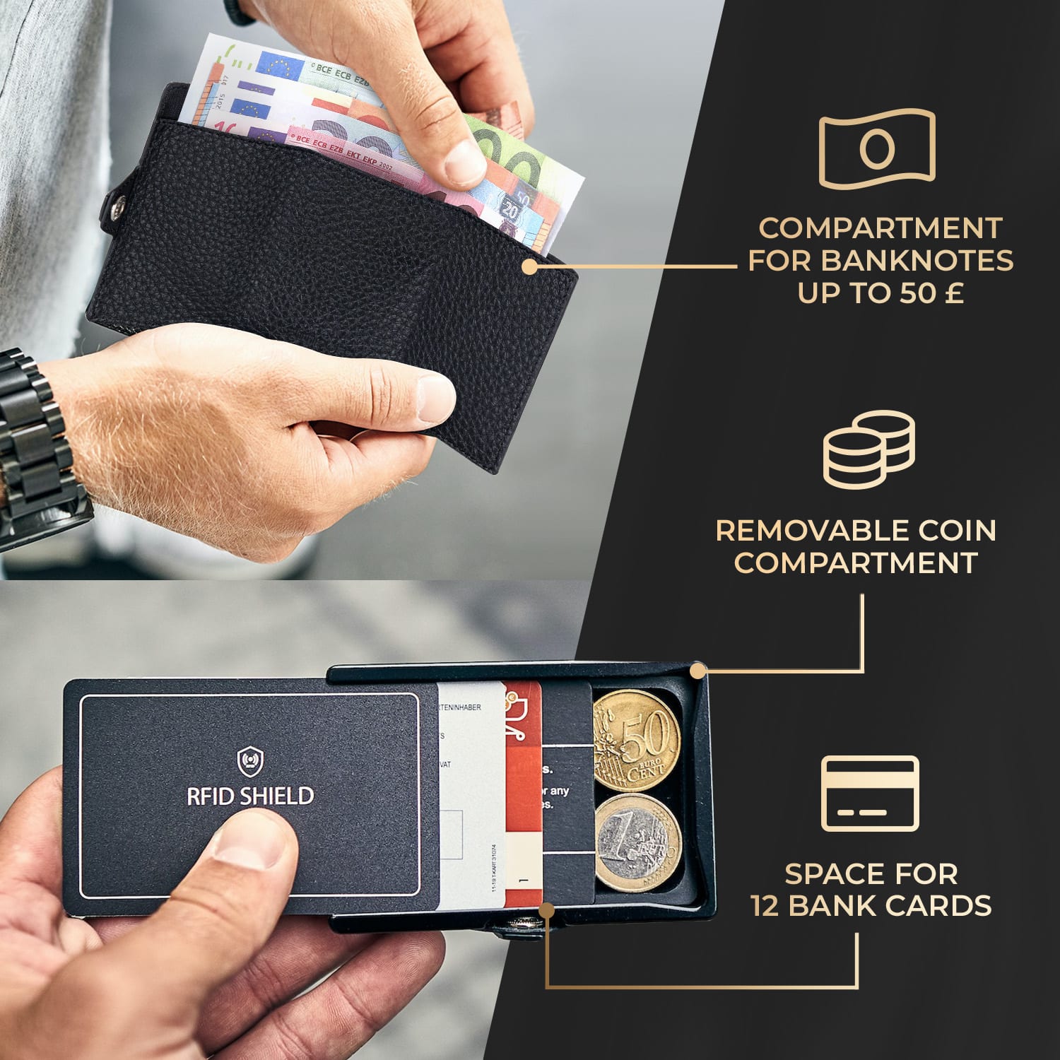 Slimpuro ZNAP Slim Wallet, 12 kariet, priehradka na mince, 8,9 x 1,8 x 6,3 cm (Š x V x H), ochrana RFID – Obrázok 2