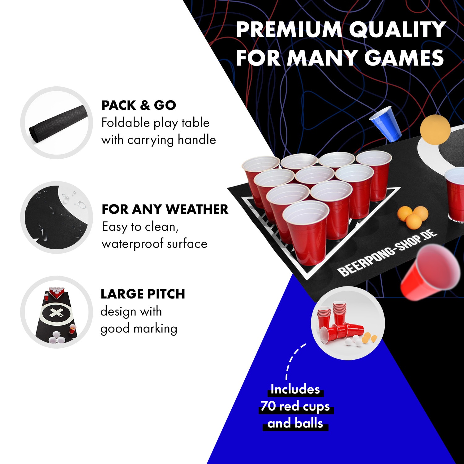 BeerCup Baseliner, podložka s hernou plochou na beer pong, audio, držadlá, držiak na loptičky, 6 loptičiek – Obrázok 2