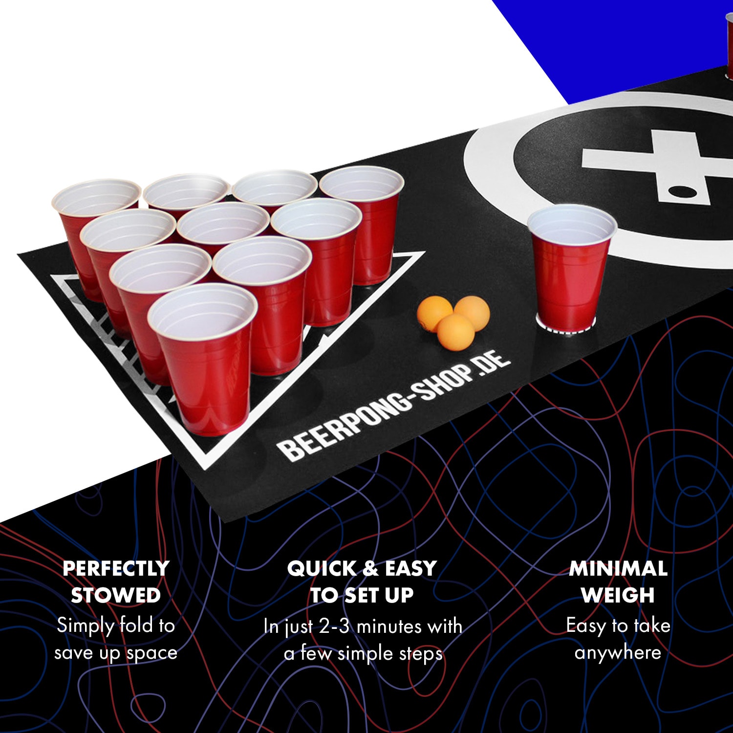 BeerCup Baseliner, podložka s hernou plochou na beer pong, audio, držadlá, držiak na loptičky, 6 loptičiek – Obrázok 3