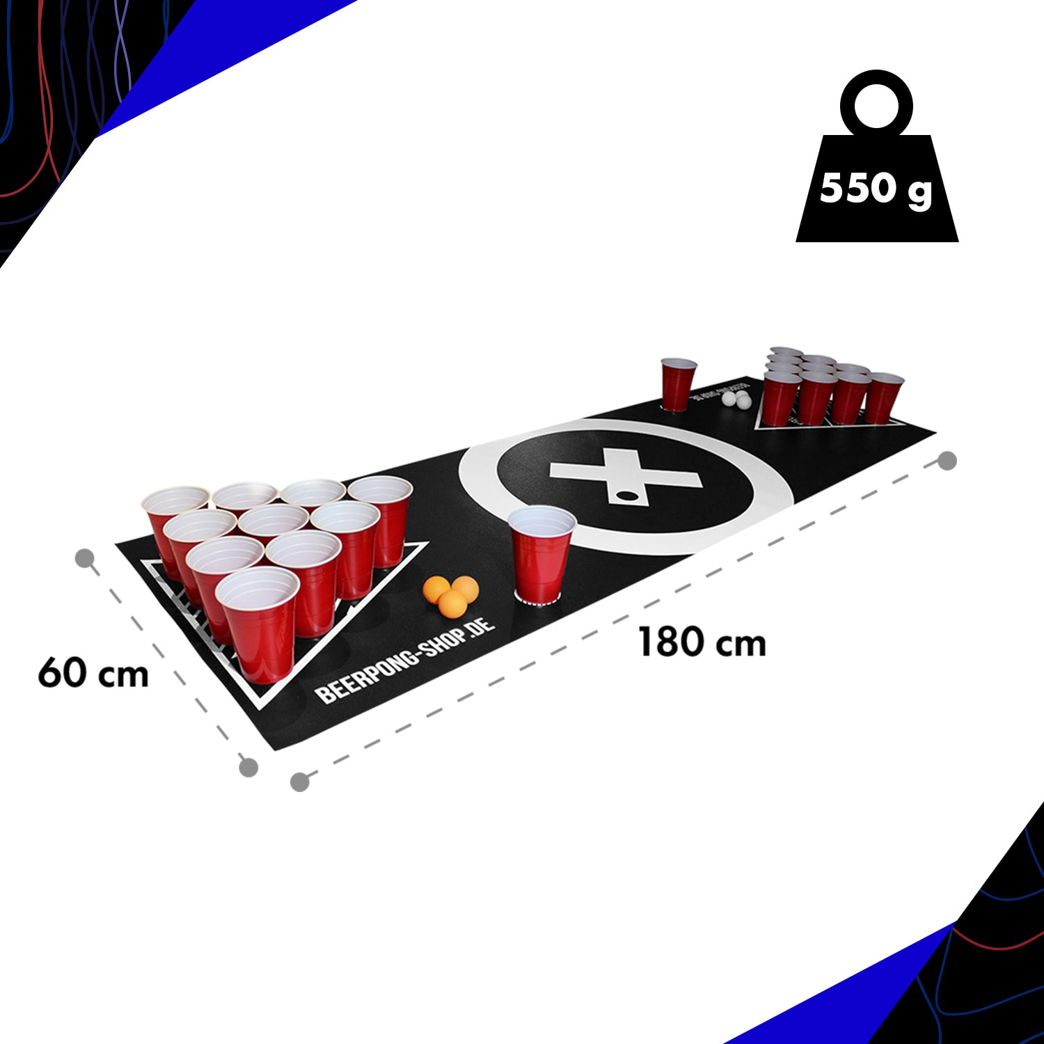 BeerCup Baseliner, podložka s hernou plochou na beer pong, audio, držadlá, držiak na loptičky, 6 loptičiek – Obrázok 4
