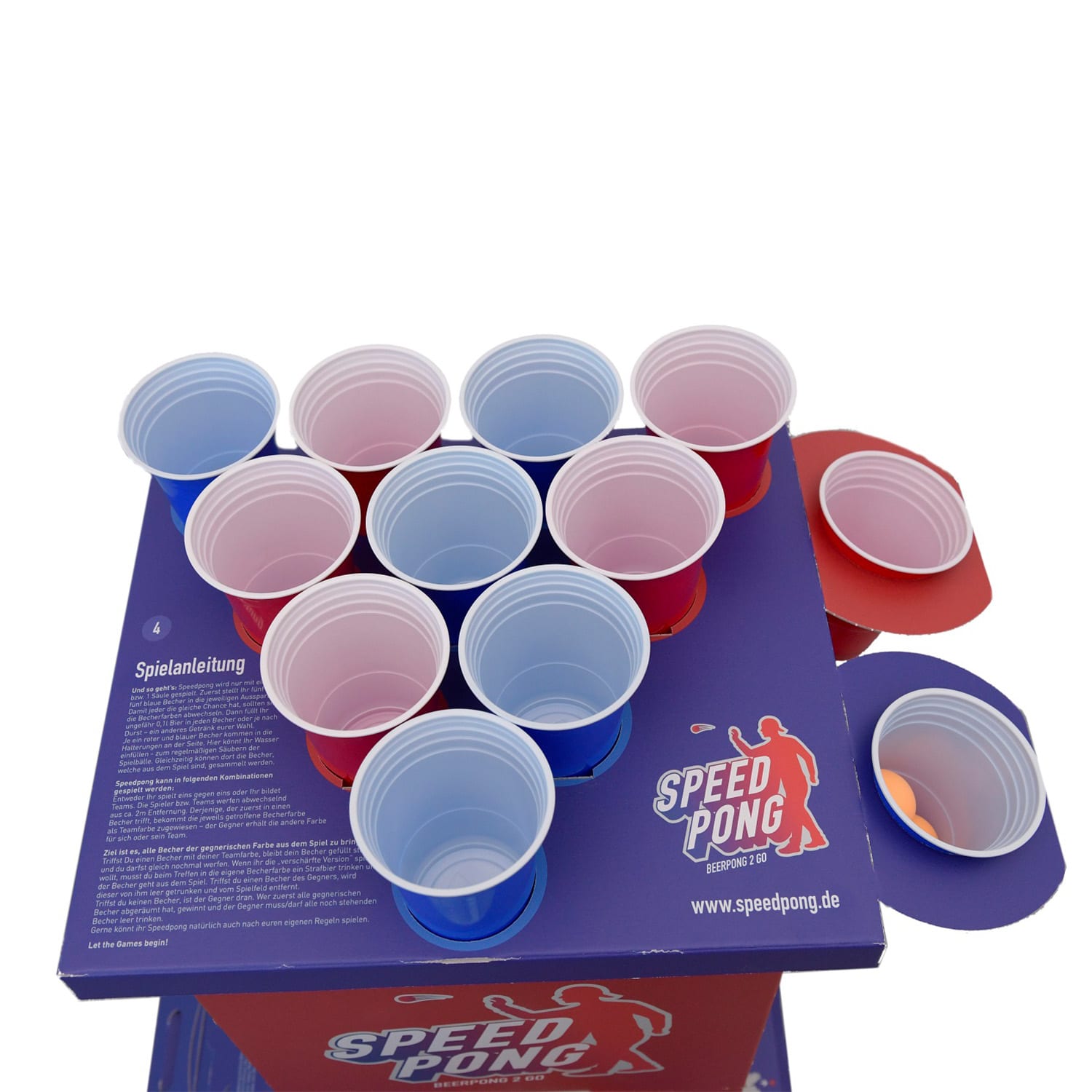 BeerCup Bounce, speedpongový hrací stĺp, kompaktný kartón, 6 modrých a červených pohárov, vrátane 2 loptičiek – Obrázok 4