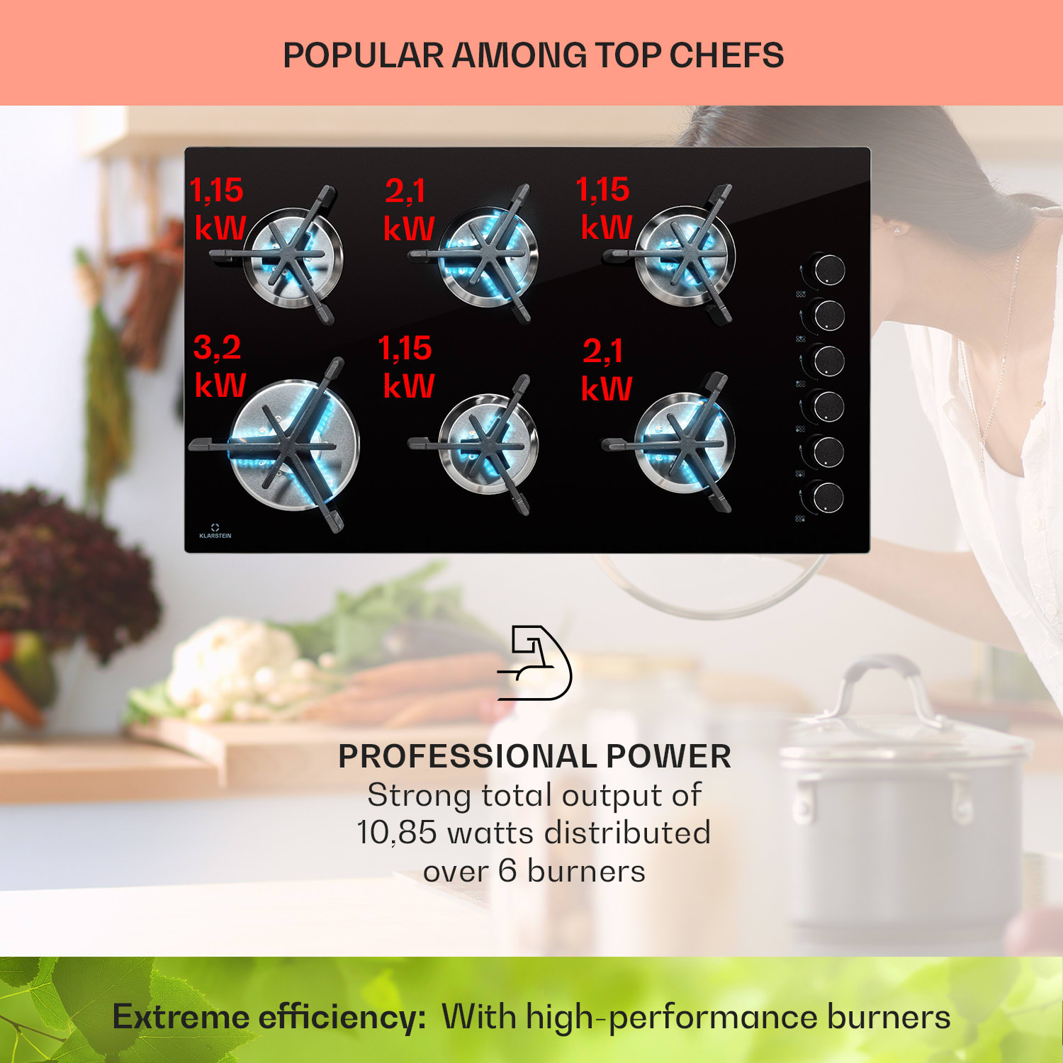 Klarstein Trifecta 6, plynová varná doska, 6 horákov, veľký, normálne a pomocné horáky, sklokeramika – Obrázok 3