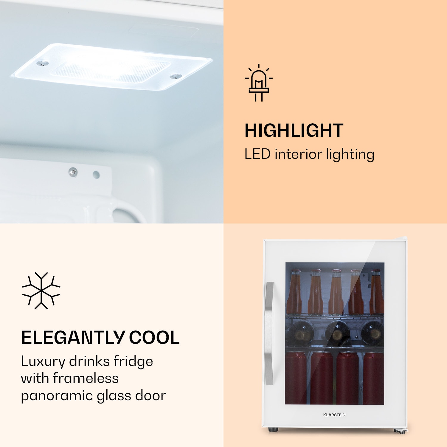 Klarstein Beersafe M Quartz, chladnička, 33 l, 2 police, sklenené panoramatické dvierka – Obrázok 4