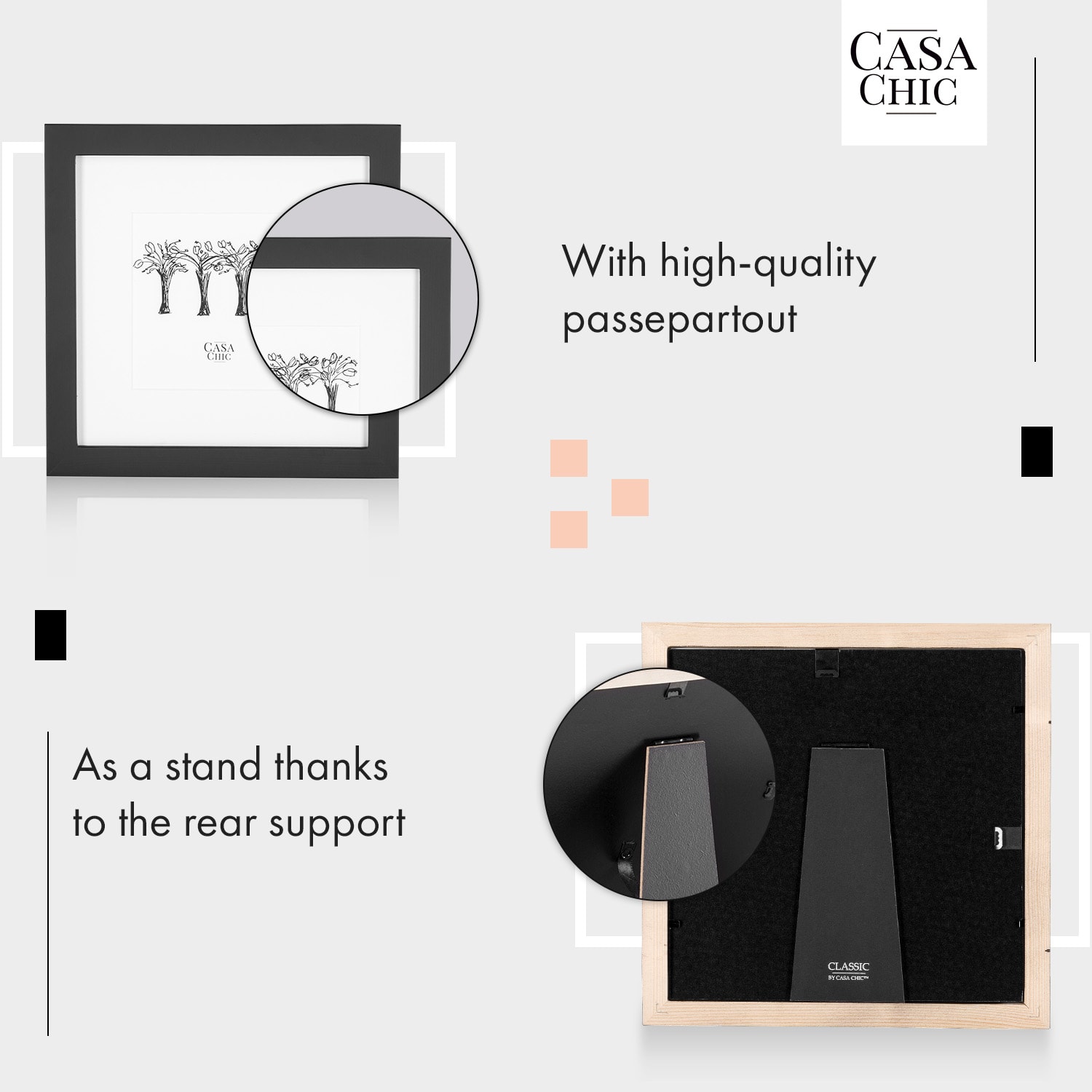 Casa Chic Cannon, rám na obrázky, štvorcový, fotky 20 x 20 cm, pasparta, pravé drevo – Obrázok 4