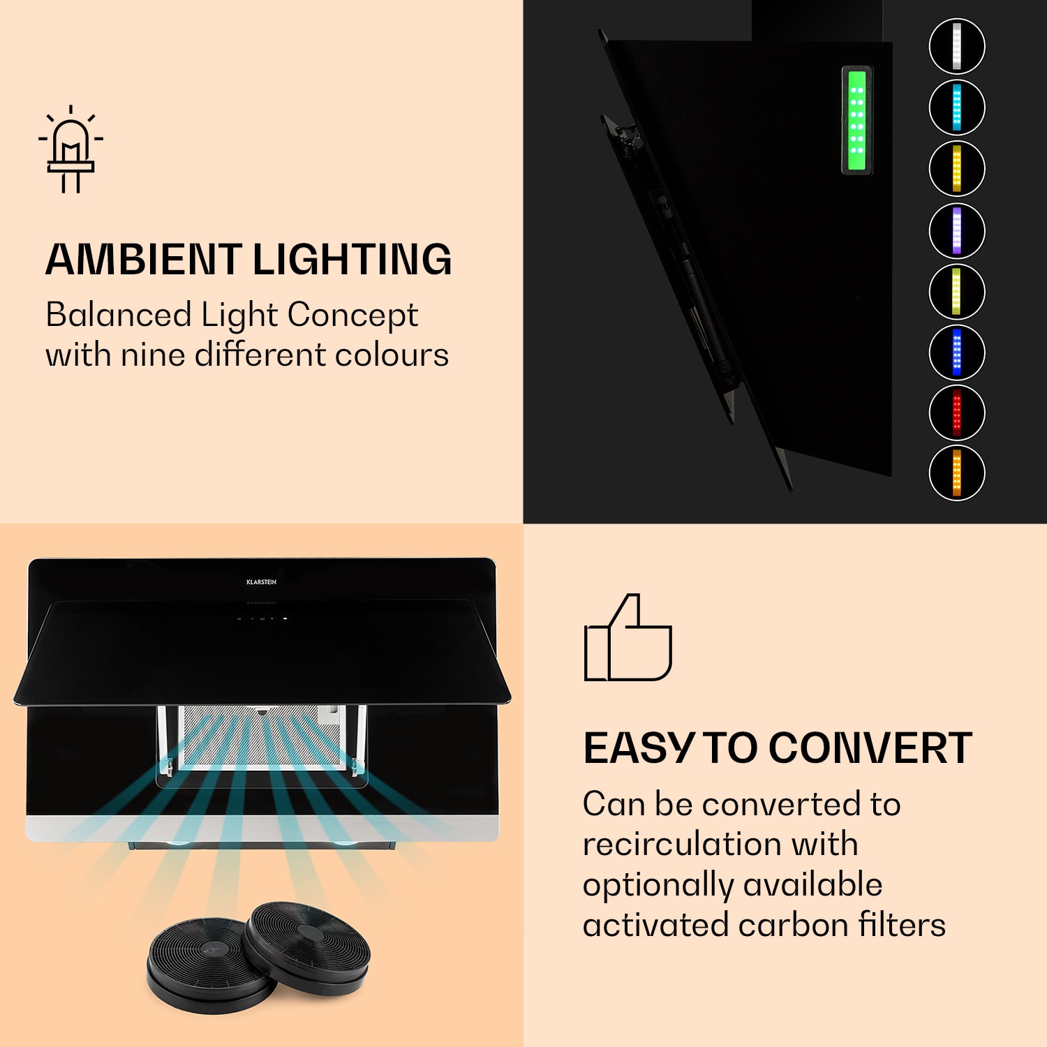 Klarstein Aurora Eco 90, digestor, 90 cm, nástenný, 550 m³/h, A+, dotykové ovládanie, čierny – Obrázok 4