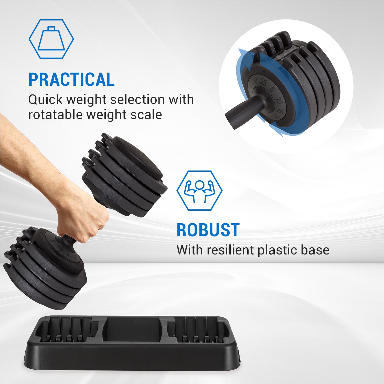 Capital Sports Delo, nastaviteľná činka, 25 kg, 5 stupňov hmotnosti v krokoch po 5 kg – Obrázok 3