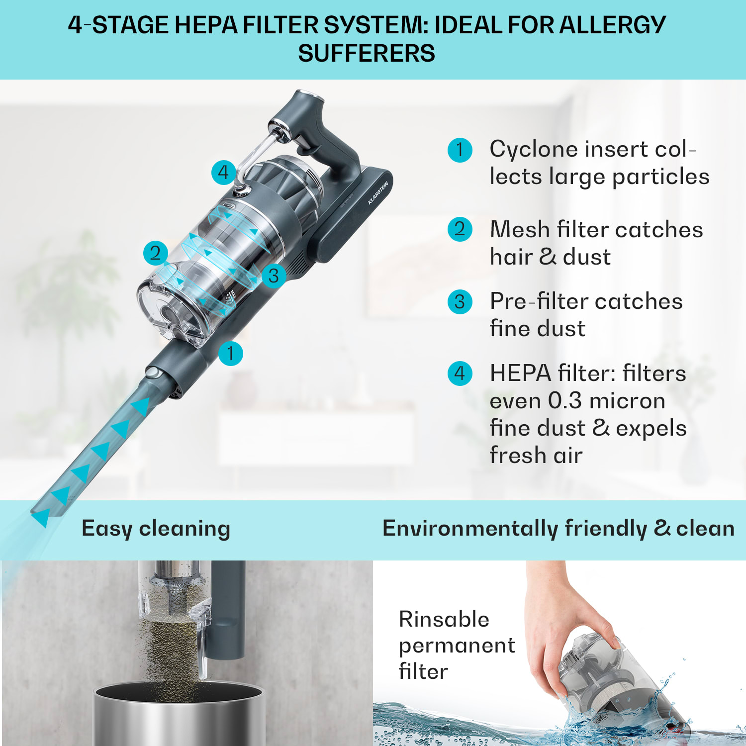 Klarstein LARMA, vysávač, akumulátorový, bezvreckový, maximálna doba prevádzky 45min, LED – Obrázok 3