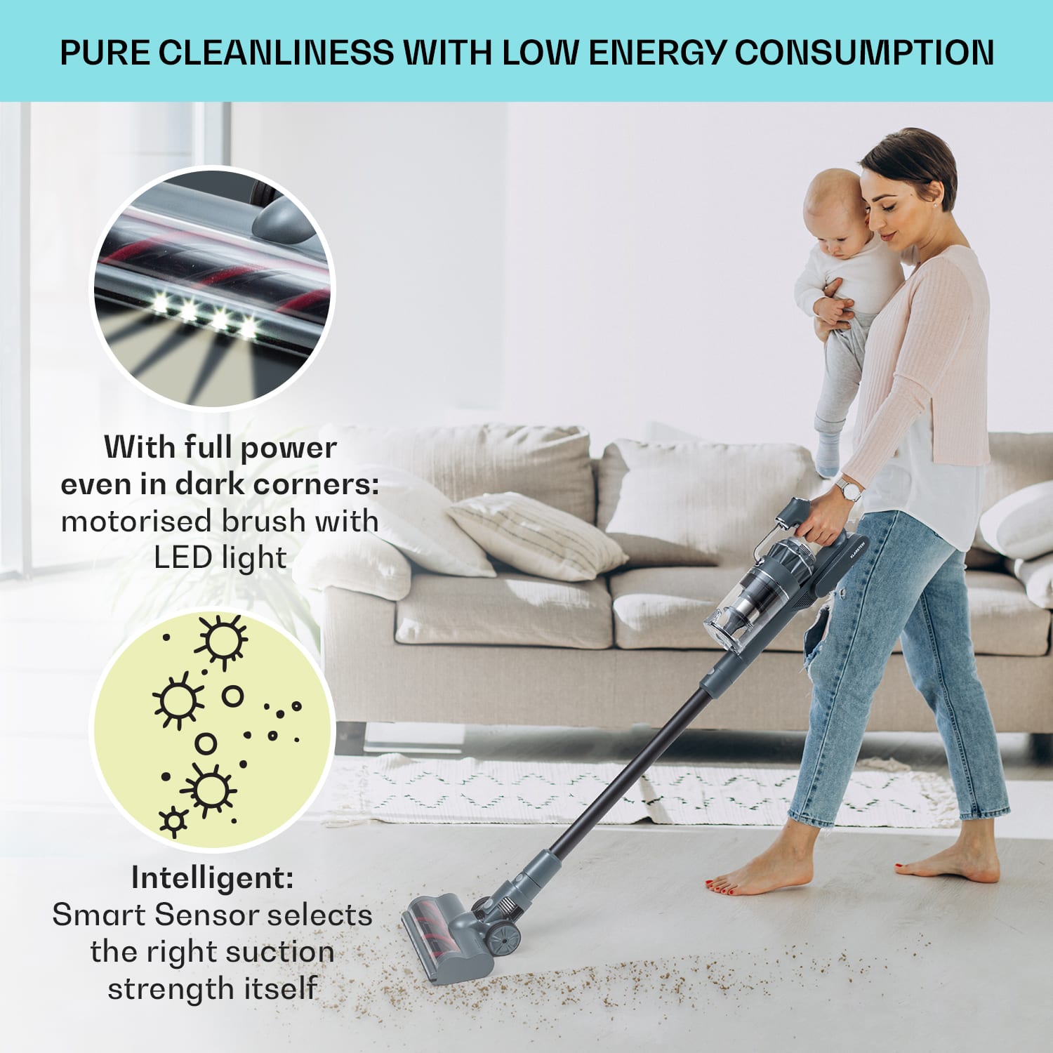 Klarstein LARMA, vysávač, akumulátorový, bezvreckový, maximálna doba prevádzky 45min, LED – Obrázok 4