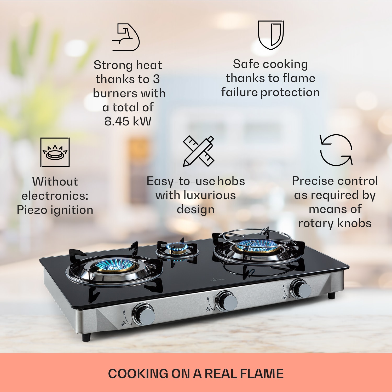 Klarstein Barzona 3, kempingový varič, 3 horáky, 3,4 kW a 0,75 kW a 4,3 kW, sklenená doska, kryt z nehrdzavejúcej ocele – Obrázok 2