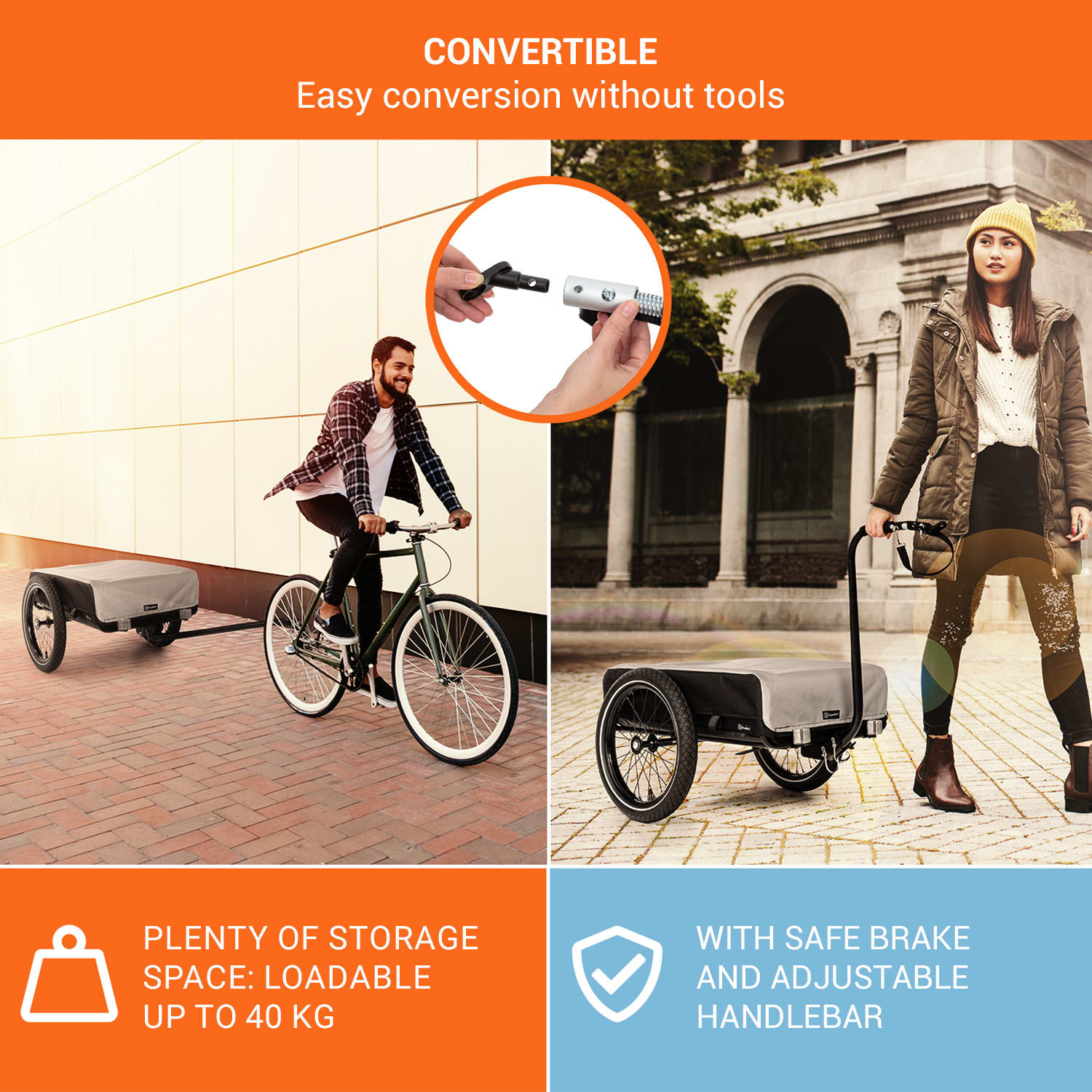 KLARFIT Companion, nákladný príves, 40kg/50litrov, príves na bicykle, ručný vozík, čierny – Obrázok 2