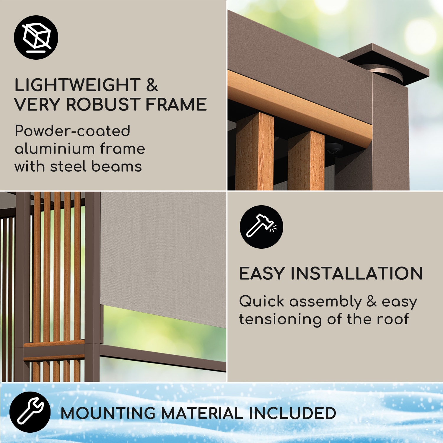 Blumfeldt Valence, altánok, 3 x 3 m, UV50+, vodoodpudivý, solárne LED osvetlenie, solárny panel – Obrázok 5