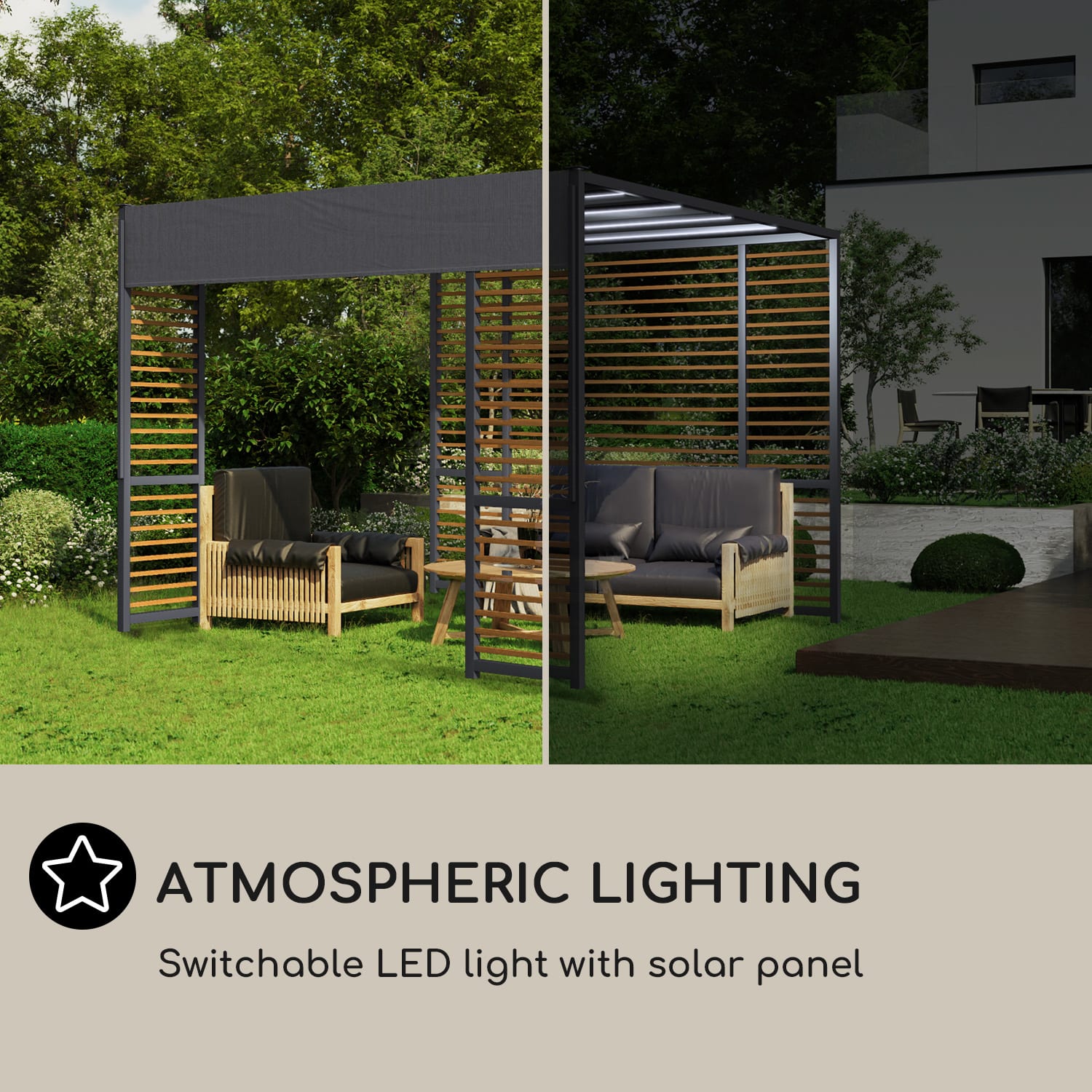 Blumfeldt Valence, altánok, 3 x 3 m, UV50+, vodoodpudivý, solárne LED osvetlenie, solárny panel – Obrázok 4