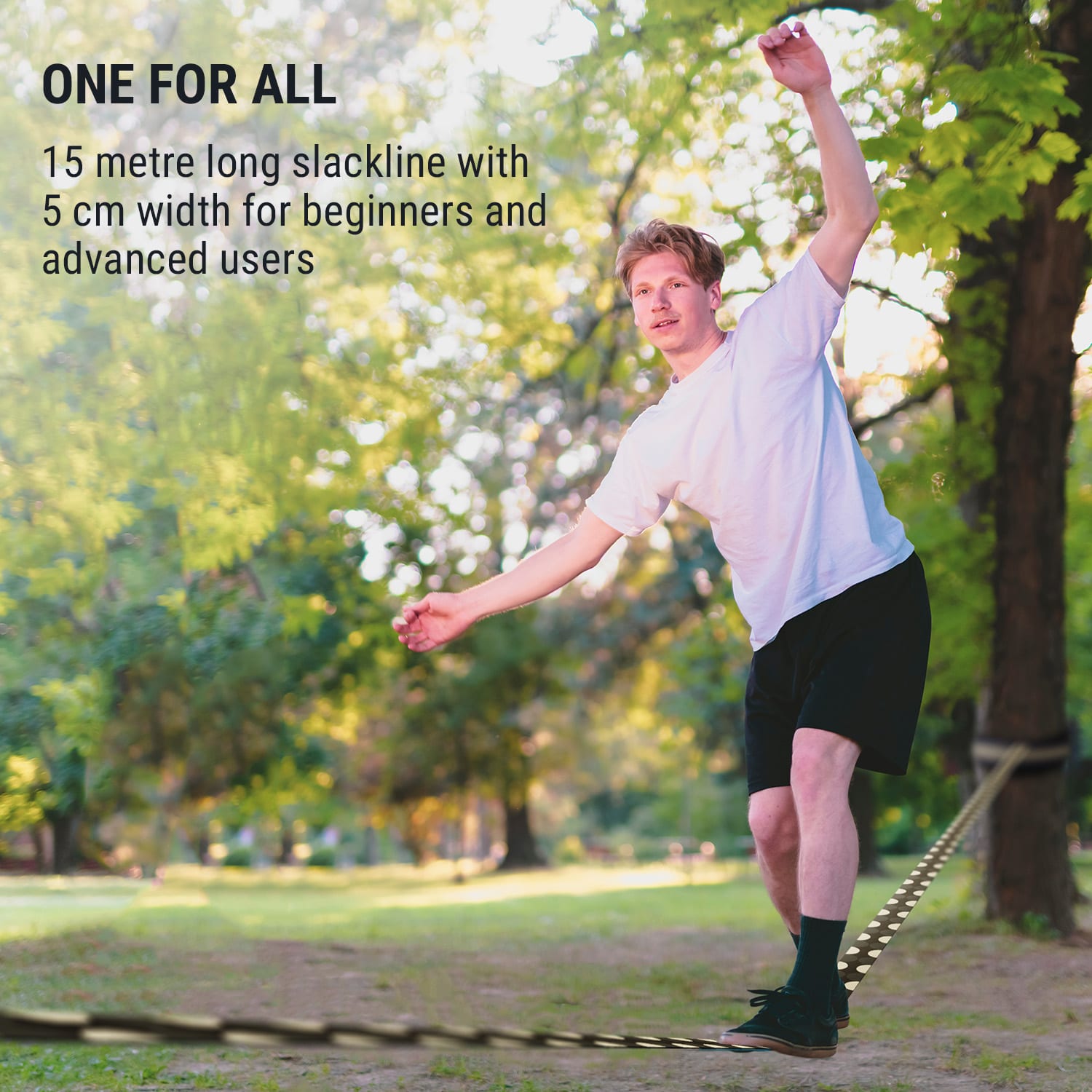 KLARFIT Antero Slackline, 15 m x 5 cm, 2,5 m račňové lano, 2 x chrániče stromu, vrátane pomocnej slackline a tašky na prenášanie – Obrázok 2