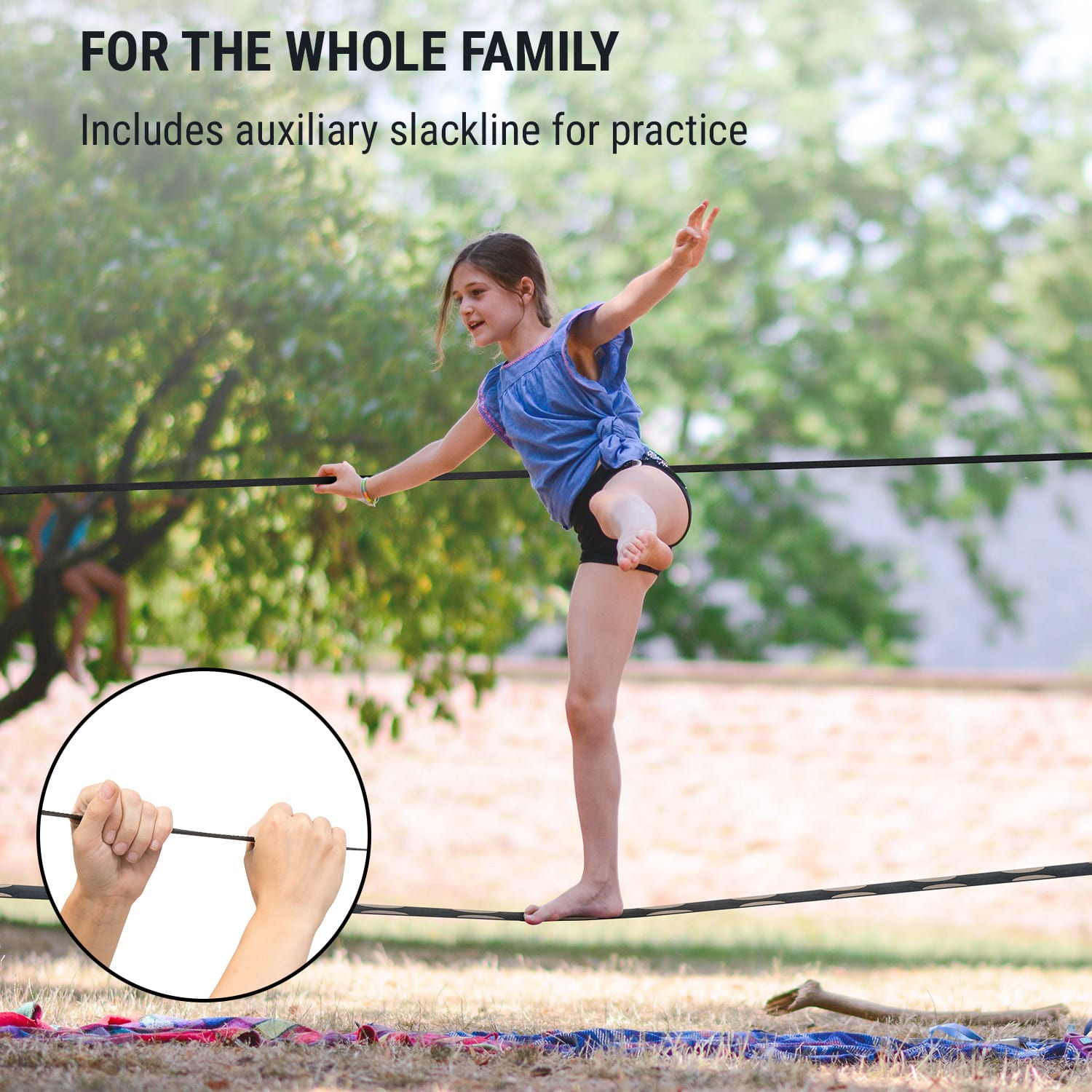 KLARFIT Antero Slackline, 15 m x 5 cm, 2,5 m račňové lano, 2 x chrániče stromu, vrátane pomocnej slackline a tašky na prenášanie – Obrázok 4