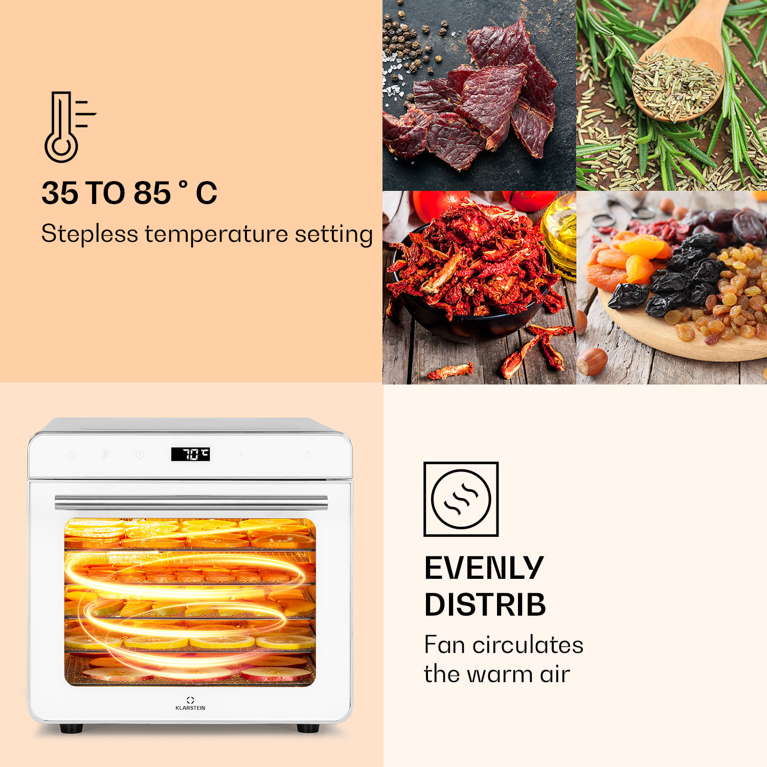Klarstein Shaftesbury, automatická sušička potravín, 700 W, 35-85°C, časovač, digitálny dotykový displej – Obrázok 4