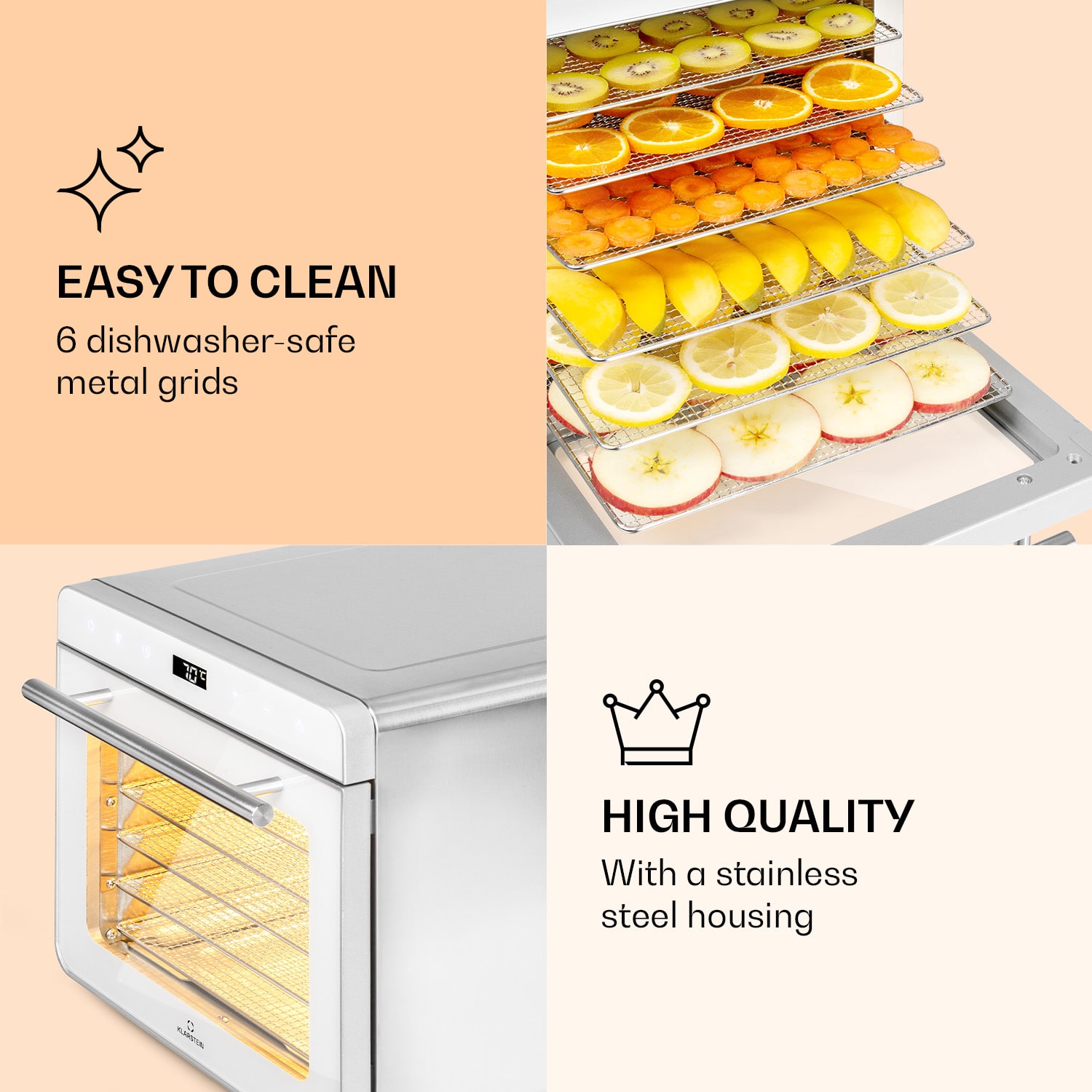 Klarstein Shaftesbury, automatická sušička potravín, 700 W, 35-85°C, časovač, digitálny dotykový displej – Obrázok 5