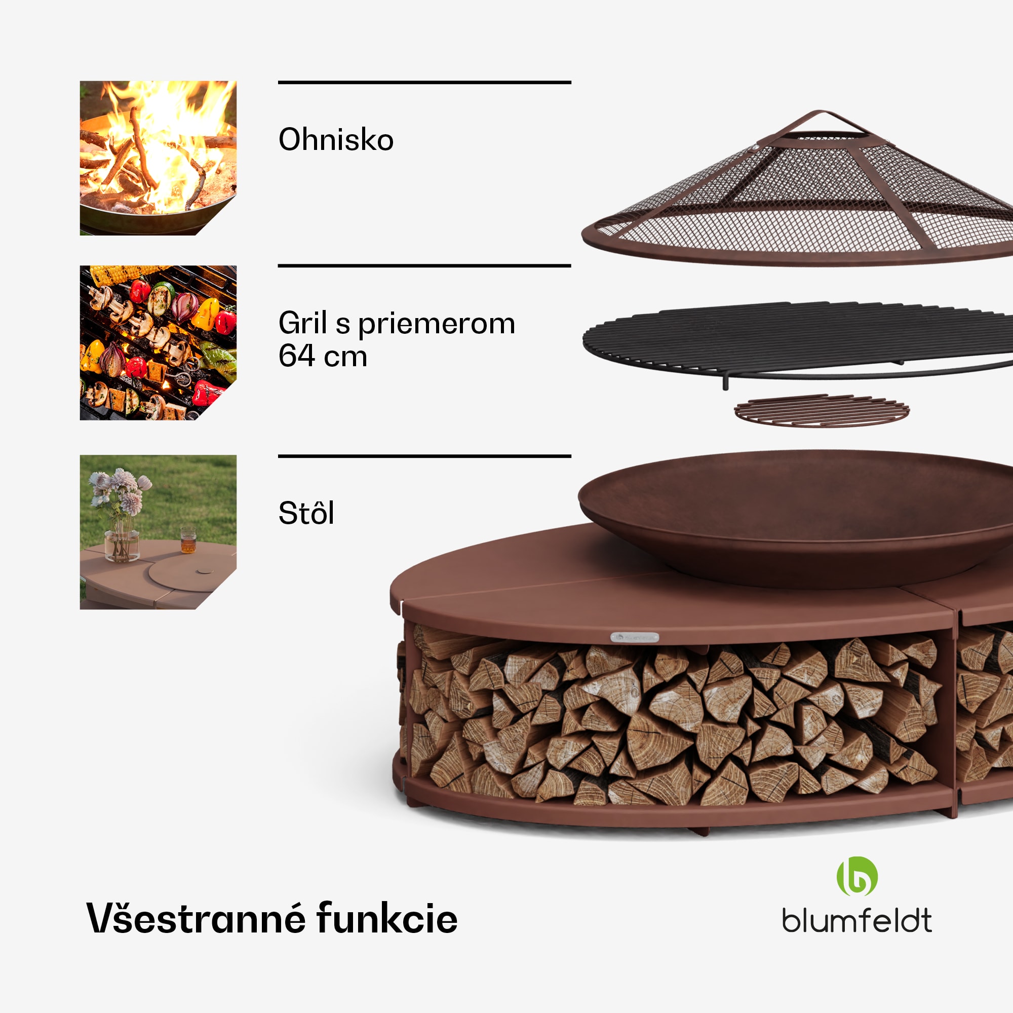 Blumfeldt Firebowl Ebeko 3 v 1, možno použiť ako gril alebo stôl, grilovací rošt + ochrana proti iskrám – Obrázok 3