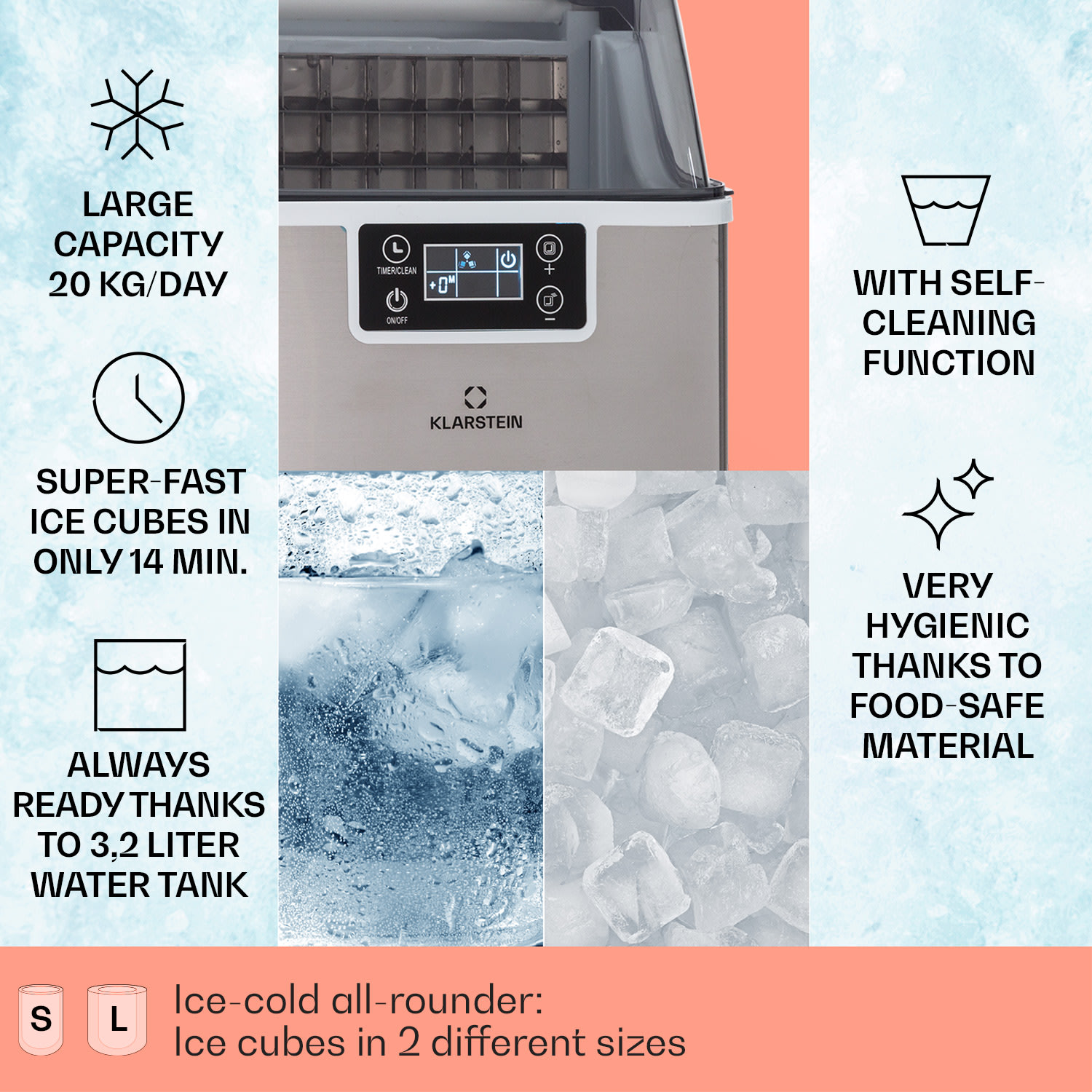 Klarstein Chios, výrobník ľadu, 20 kg/24 h, Auto-Clean, nádrž 3,2 l – Obrázok 2