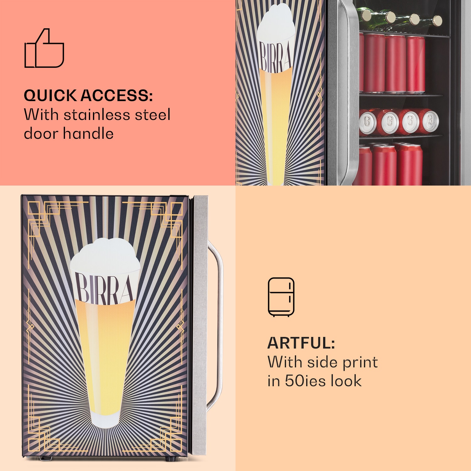 Klarstein Beersafe 70 Birra Edition, chladnička, 70 l, 3 police, panoramatické sklenené dvere, nehrdzavejúca oceľ – Obrázok 4