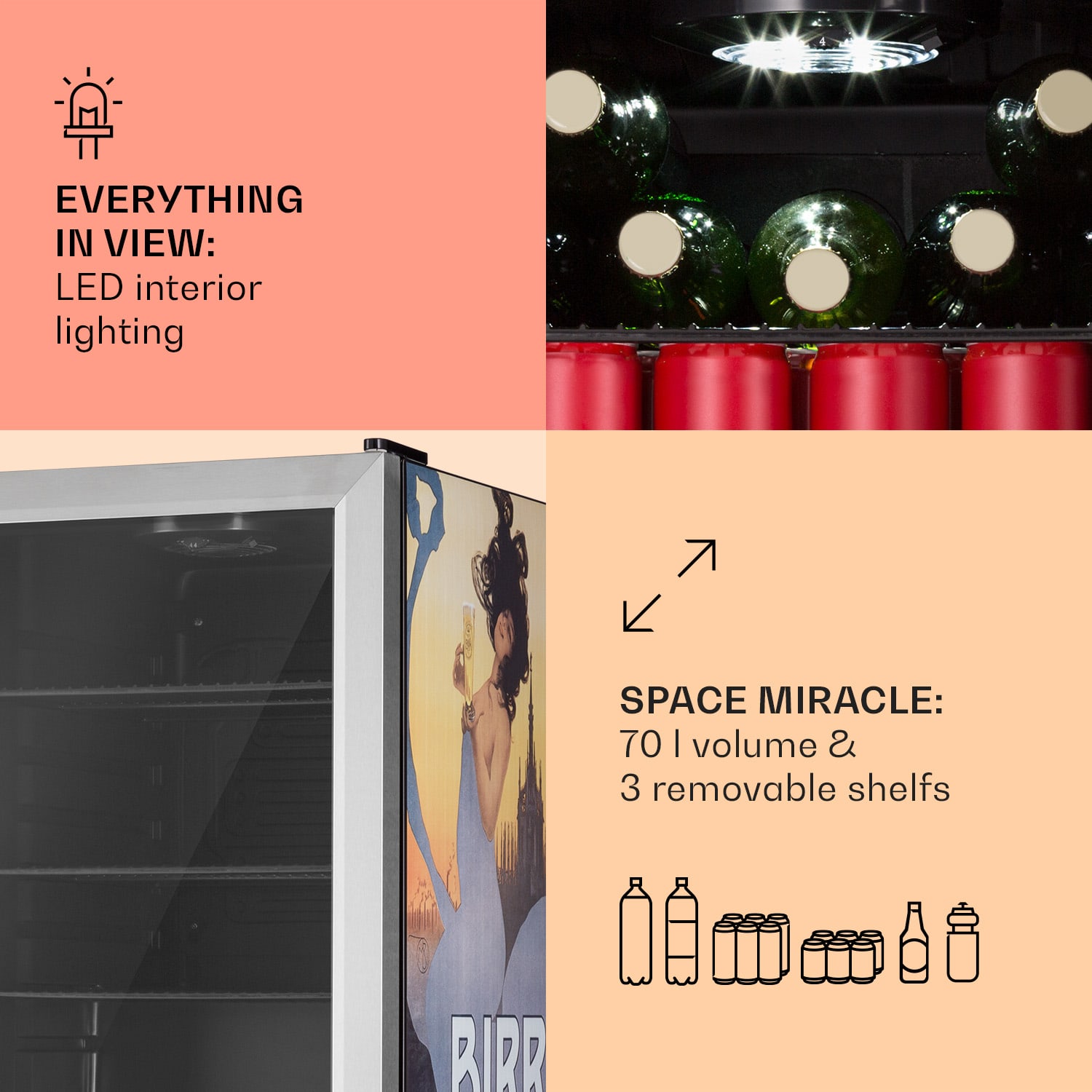 Klarstein Beersafe 70 Birra Milano Edition, chladnička, 70 l, 3 police, panoramatické sklenené dvere, nehrdzavejúca oceľ – Obrázok 5