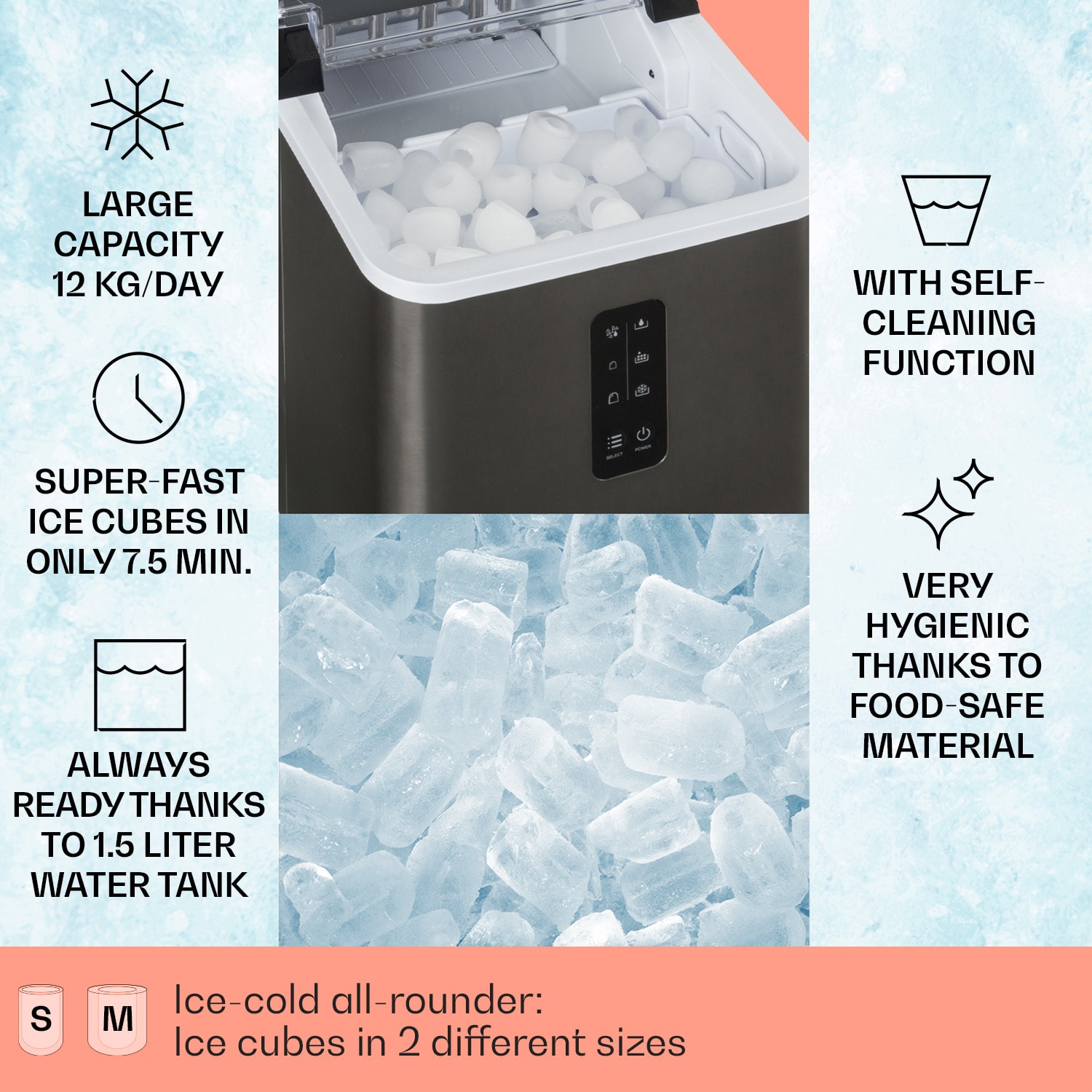 Klarstein Albaron Supreme, výrobník ľadu, tvar náboja, 12 kg/24 h, nádrž 1,5 l, nehrdzavejúca oceľ – Obrázok 2