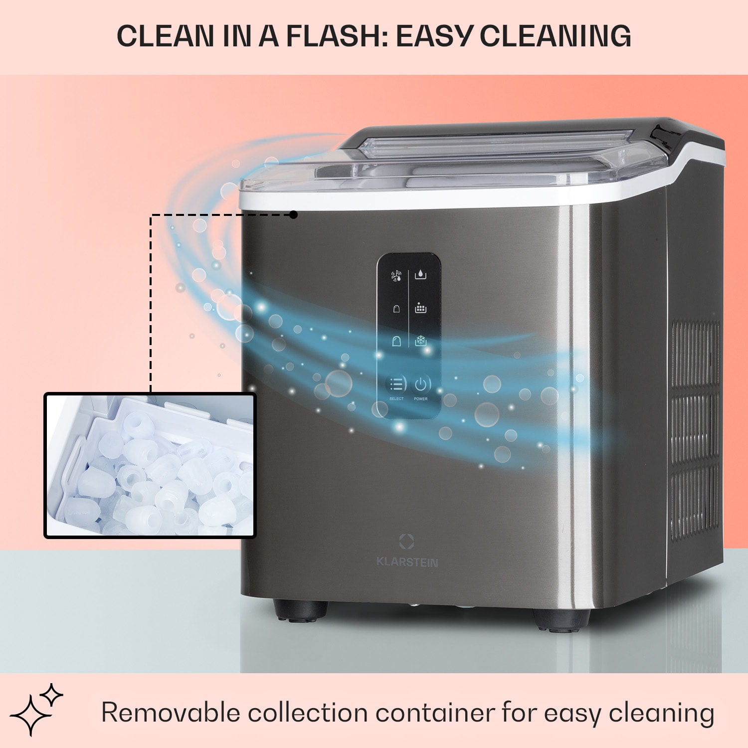 Klarstein Albaron Supreme, výrobník ľadu, tvar náboja, 12 kg/24 h, nádrž 1,5 l, nehrdzavejúca oceľ – Obrázok 5