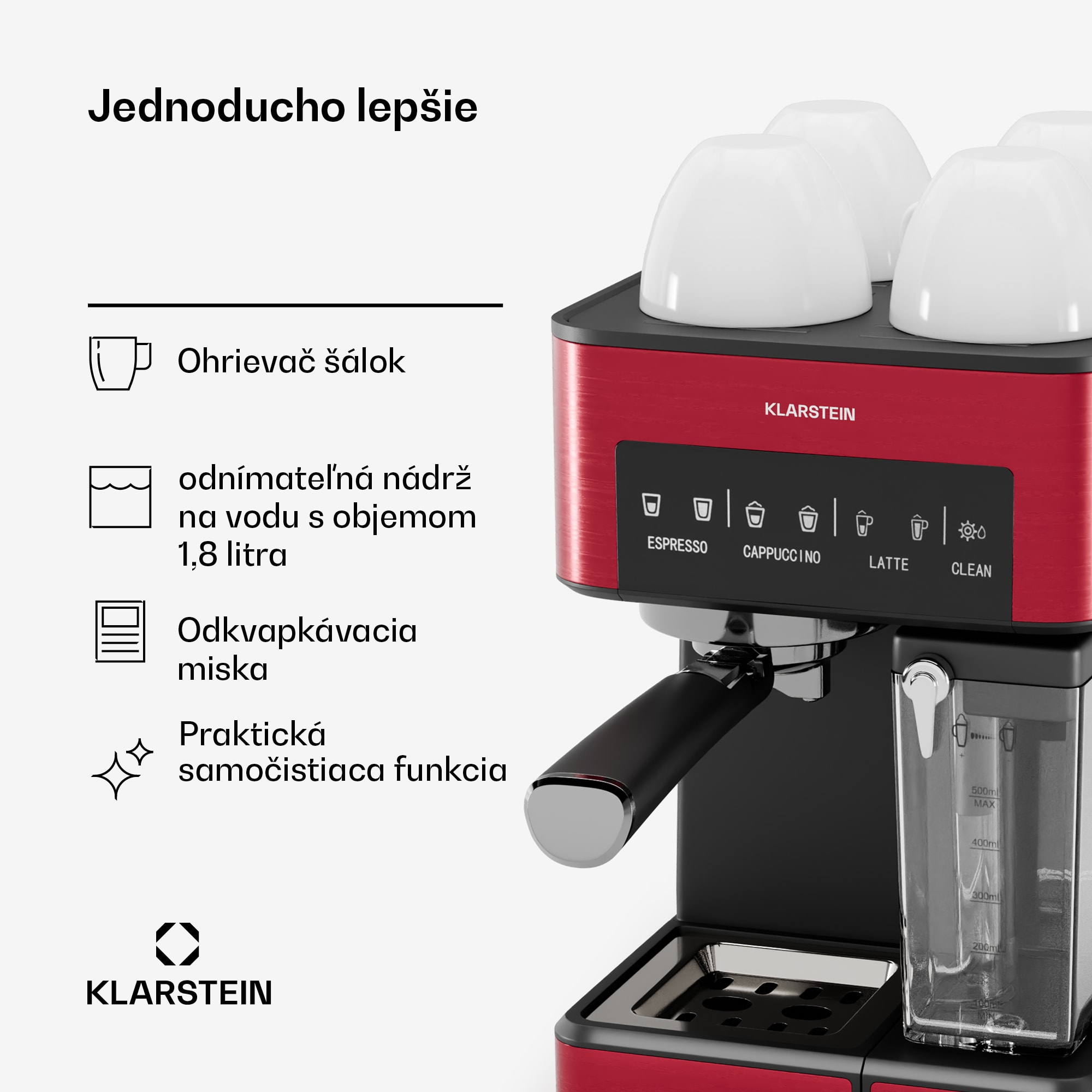 Klarstein 1,8 l kávovar s napeňovačom mlieka, 20 barový pákový kávovar, malý kávovar na mletú kávu s výkonom 1350 W, baristický kávovar na ľadovú kávu cappuccino latte espresso – Obrázok 4